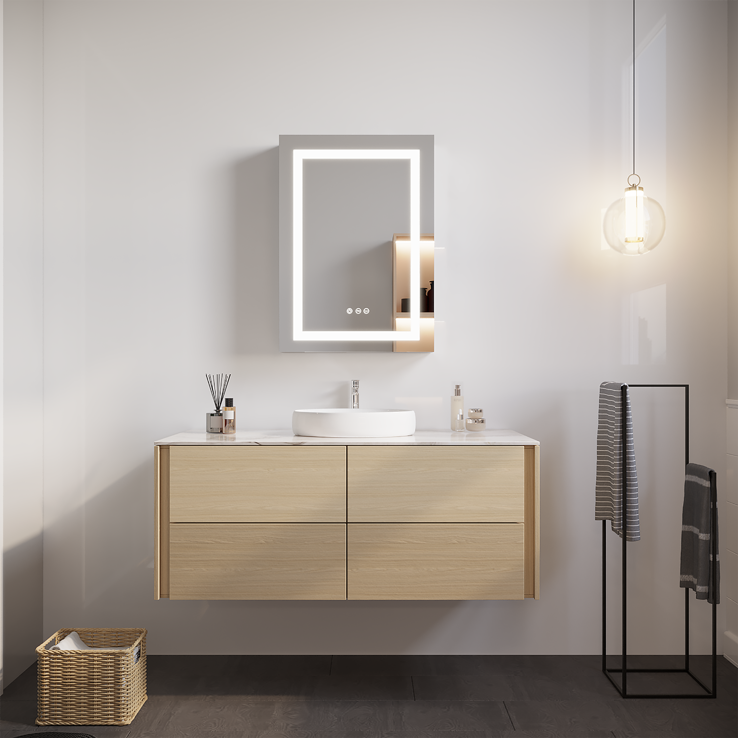 Armoire à pharmacie de salle de bain 26x20 pouces (porte gauche) avec miroir LED 3000K ~ 6000K éclairage à porte simple armoire de salle de bain avec interrupteur tactile réglable