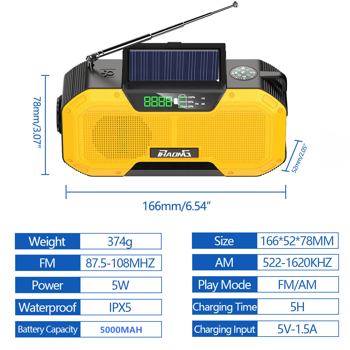 Radio d'urgence extérieure, haut-parleur Bluetooth, lampe de poche solaire, charge mobile, 5 000 mAh, grande capacité