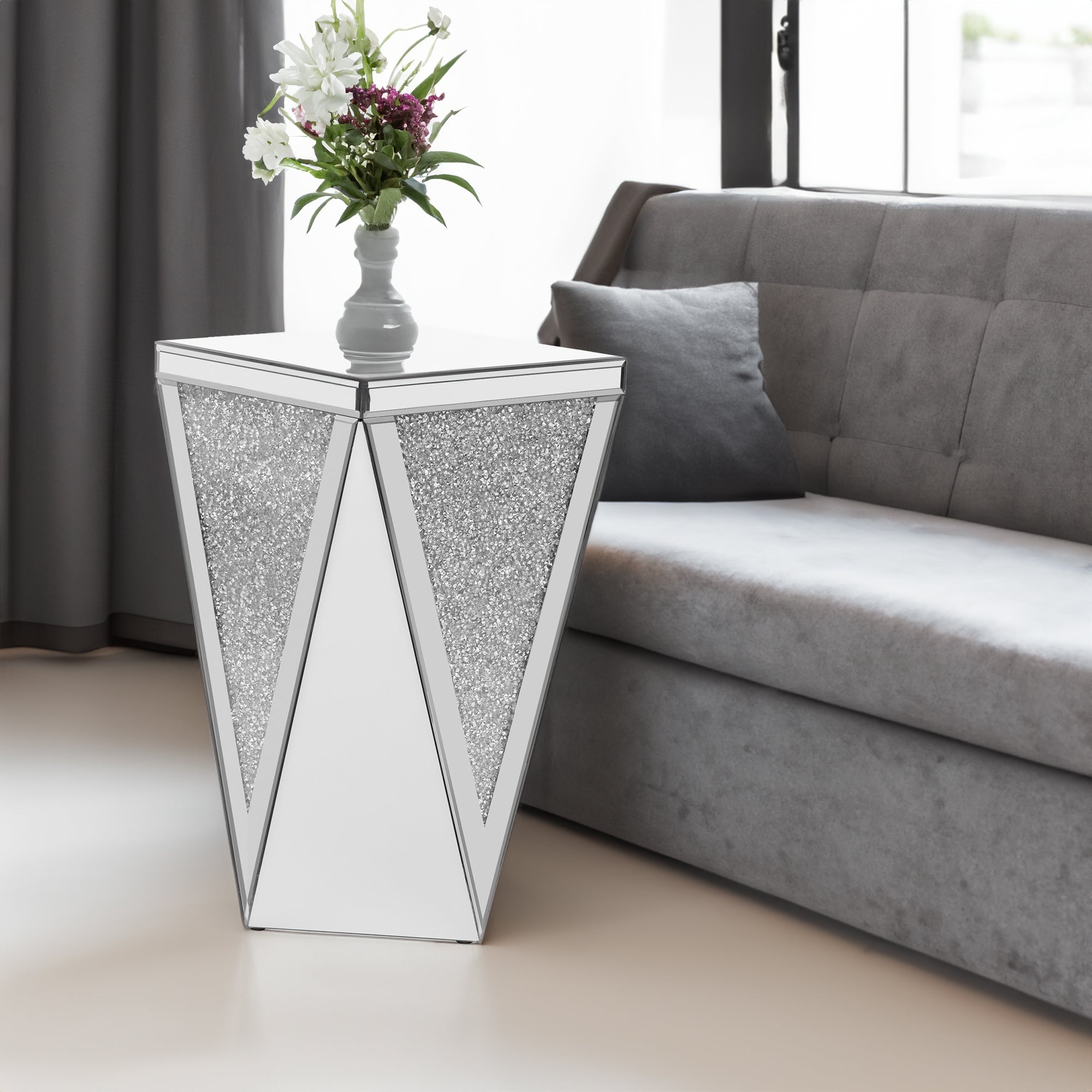 Table d'appoint carrée en miroir argenté U-Can de 13,8 po, table d'appoint moderne avec diamant concassé pour le salon, aucun assemblage requis