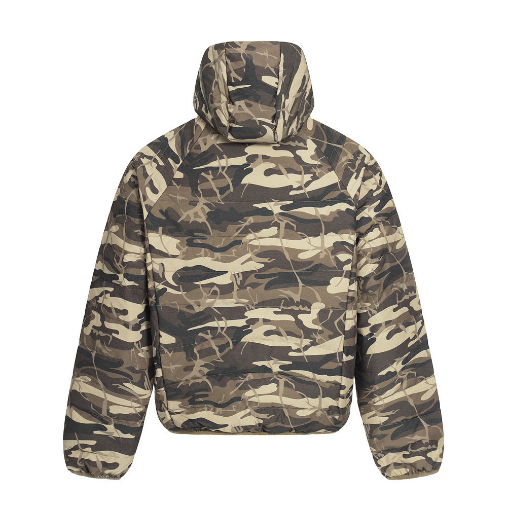 Streetwear Men's Hooded Camouflage Patchwork Down Jacket, Loose Fit, Casual Outerwear