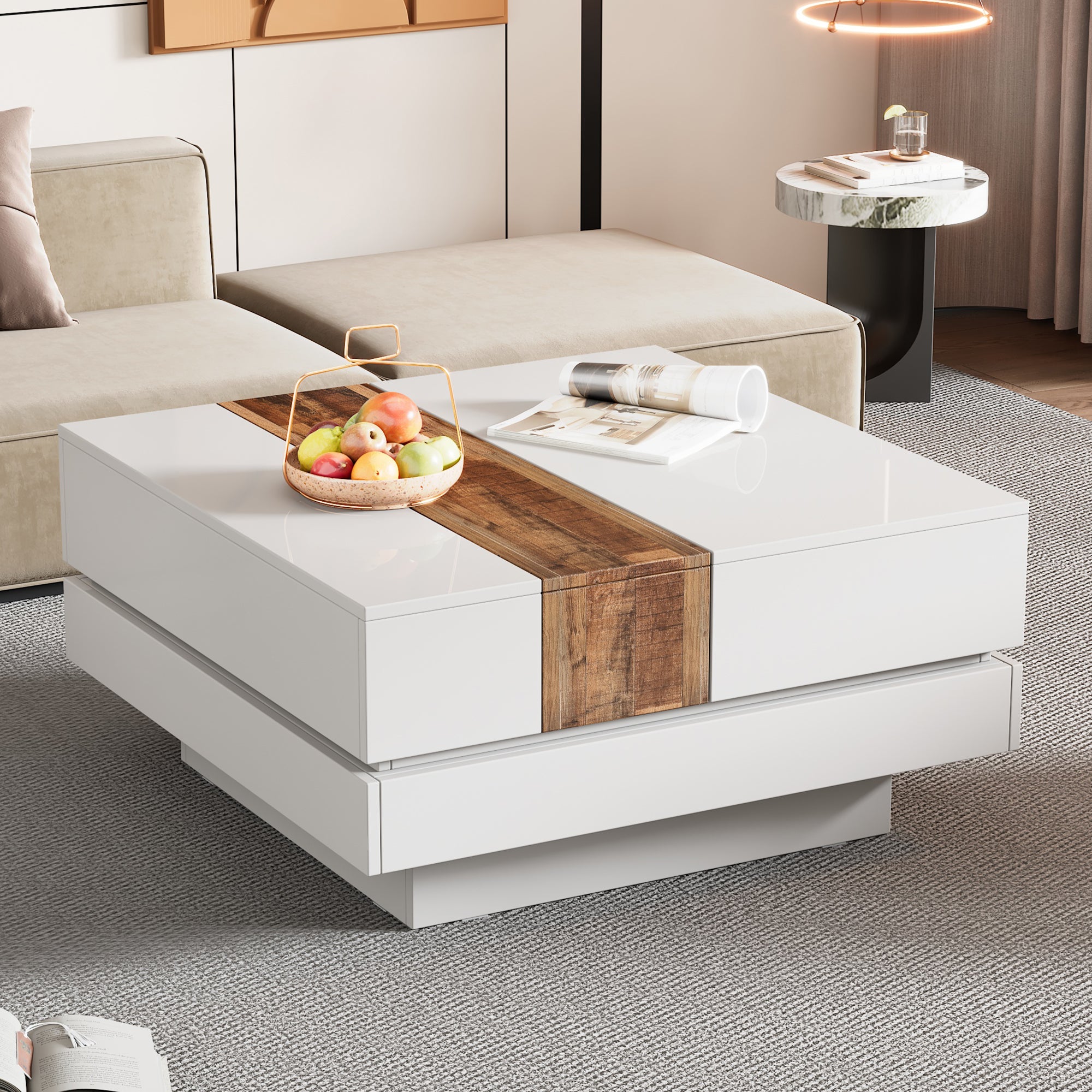 ON-TRANS 31,4 pouces x 31,4 pouces avec plateau coulissant, table centrale haute brillance, espace de rangement caché blanc