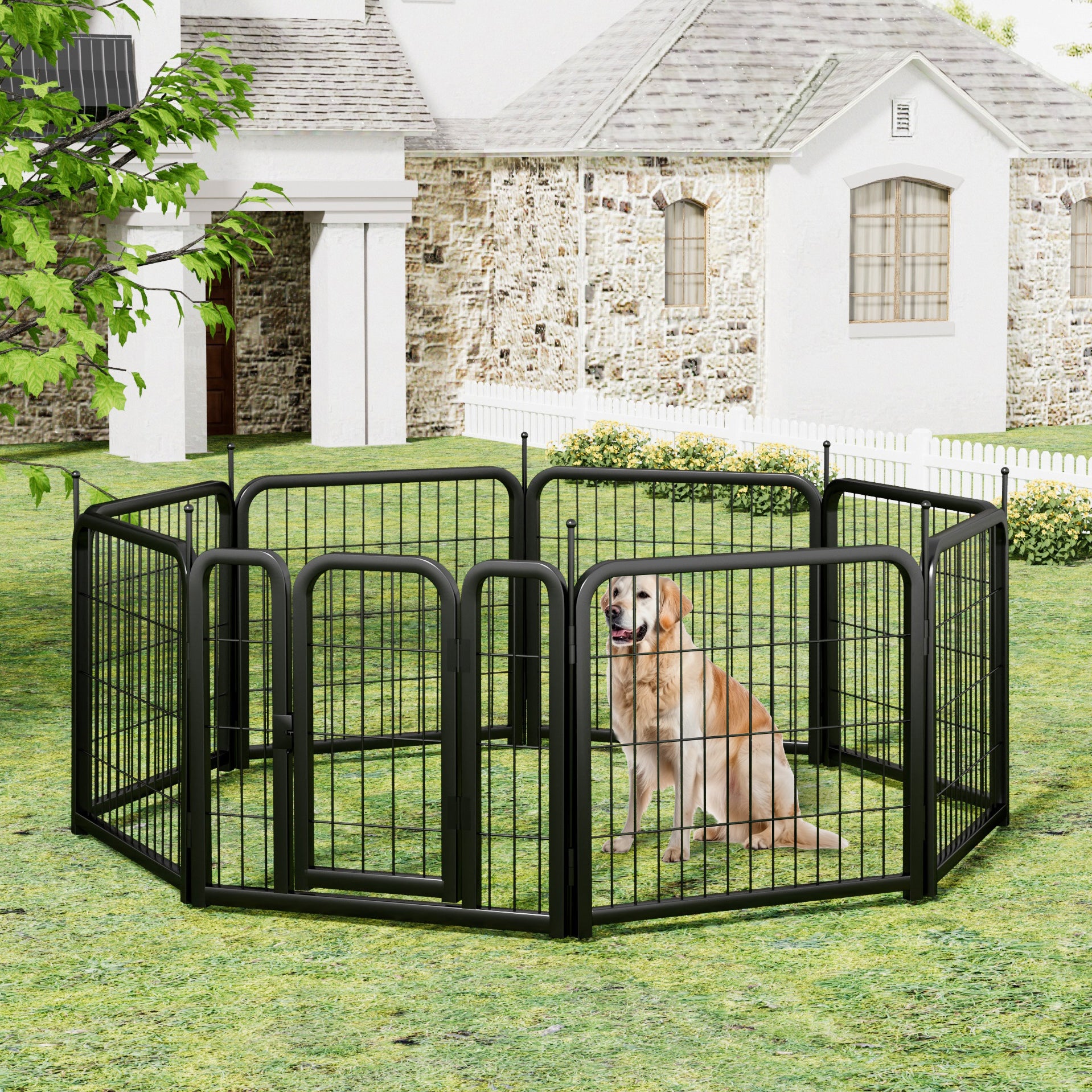 Clôture d'extérieur pour chien, 8 panneaux. Clôture portable pour animaux de compagnie de 79 cm de long. Noire, 67 cm de large x 80 cm de haut.