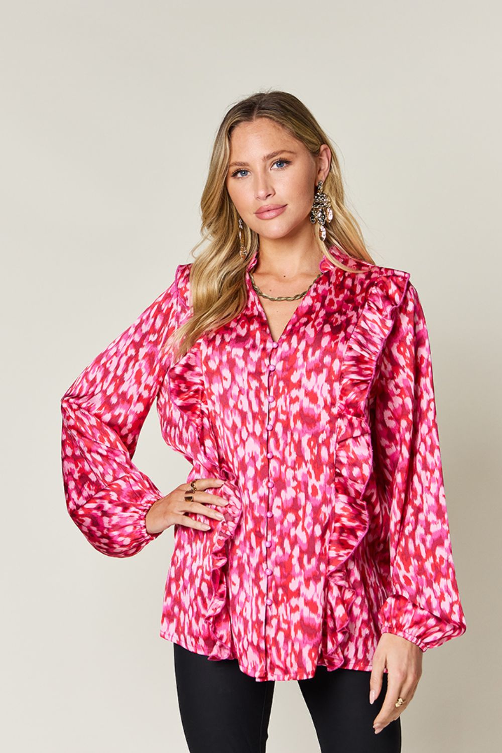 Chemise à manches ballon à volants et imprimé Double Take, taille standard