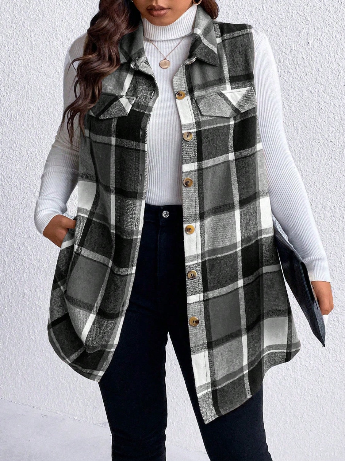 Manteau sans manches boutonné à carreaux et poches Honey grande taille