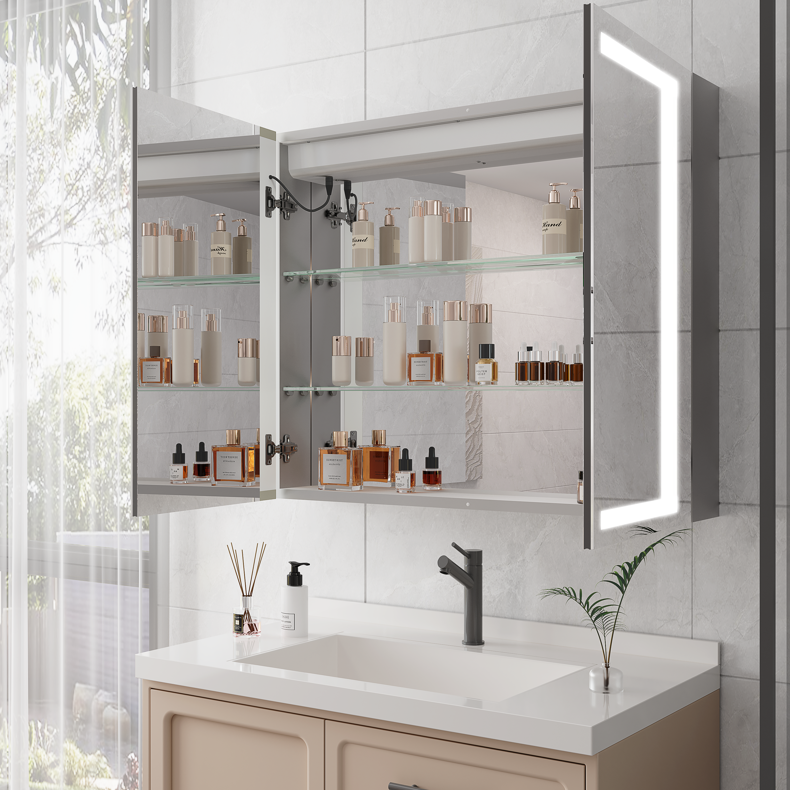 Armoire à pharmacie 36 x 30 pouces avec miroir de courtoisie à LED, antibuée, encastrée ou en saillie, étanche, à intensité variable, en aluminium, avec éclairage 3000 K ~ 6000 K, double porte et interrupteur tactile.