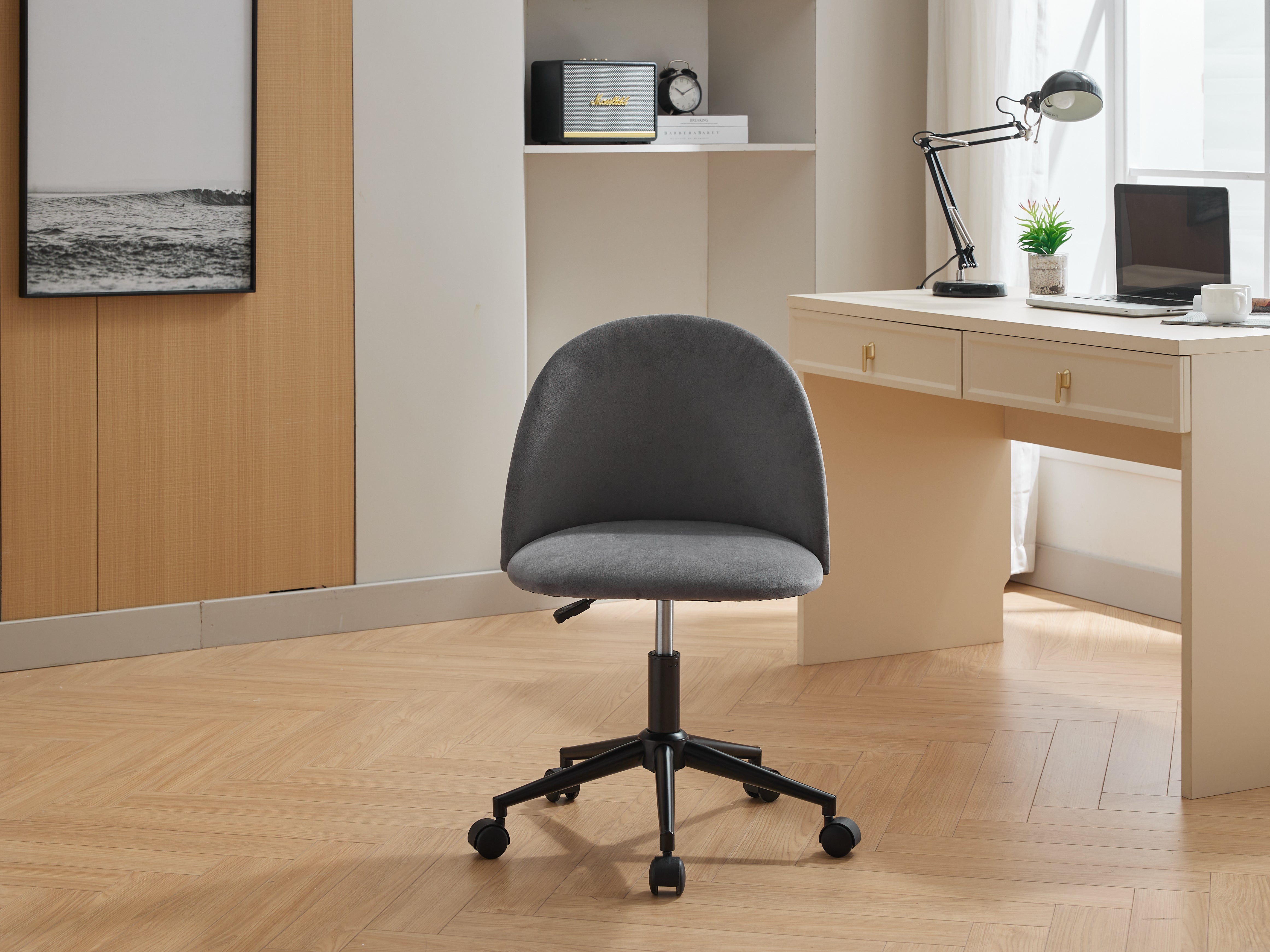 Chaise de bureau en tissu velours, chaise d'ordinateur pivotante réglable à dossier moyen, pieds noirs, chaise de bureau rembourrée avec roulettes