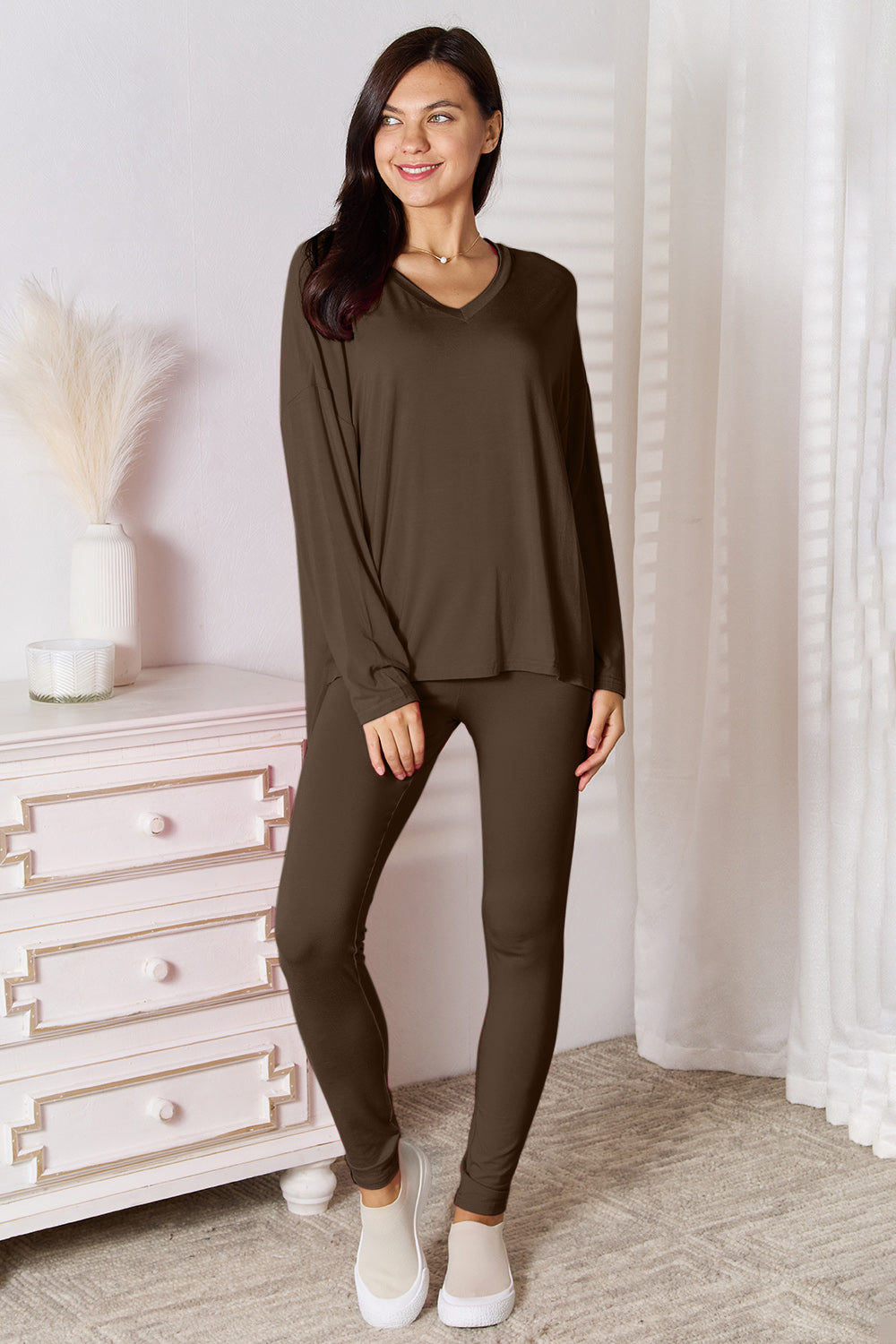 Ensemble de détente basique Bae Bamboo, haut à manches longues et pantalon à col en V, grande taille