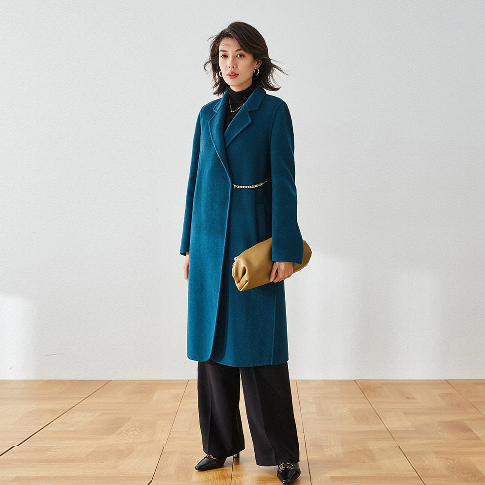 Manteau en laine réversible long avec ceinture simple et revers droit pour l'automne et l'hiver