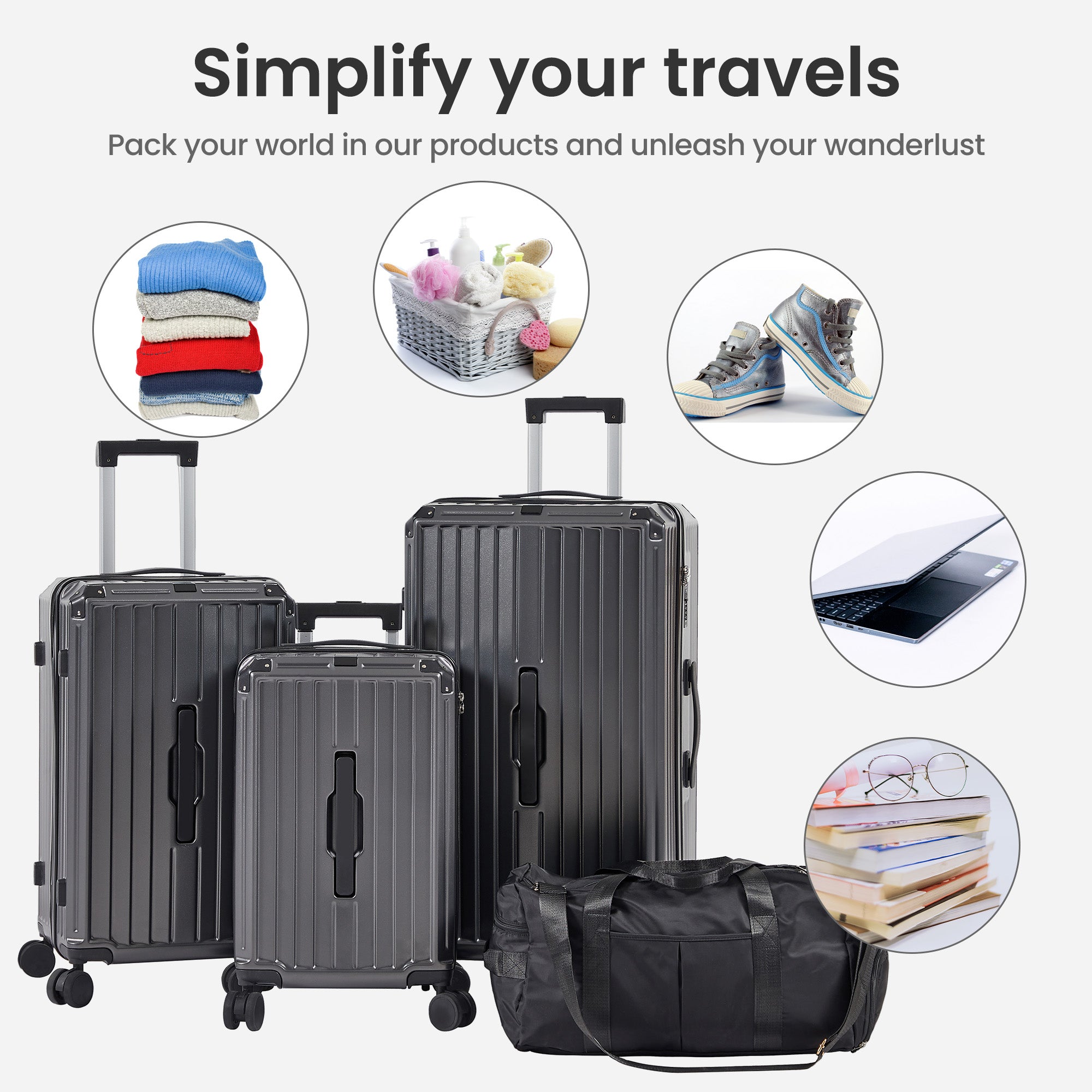 Ensemble de 4 valises (50, 61, 73, 74 cm, sac de voyage), valises légères et résistantes en PC et ABS avec porte-gobelet pliable, serrure TSA, gris