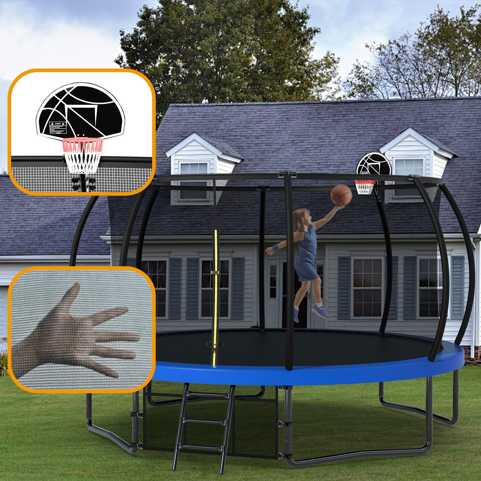 Trampoline de divertissement de 14 pieds avec clôture - échelle et revêtement antirouille, trampoline d'extérieur pour enfants approuvé ASTM