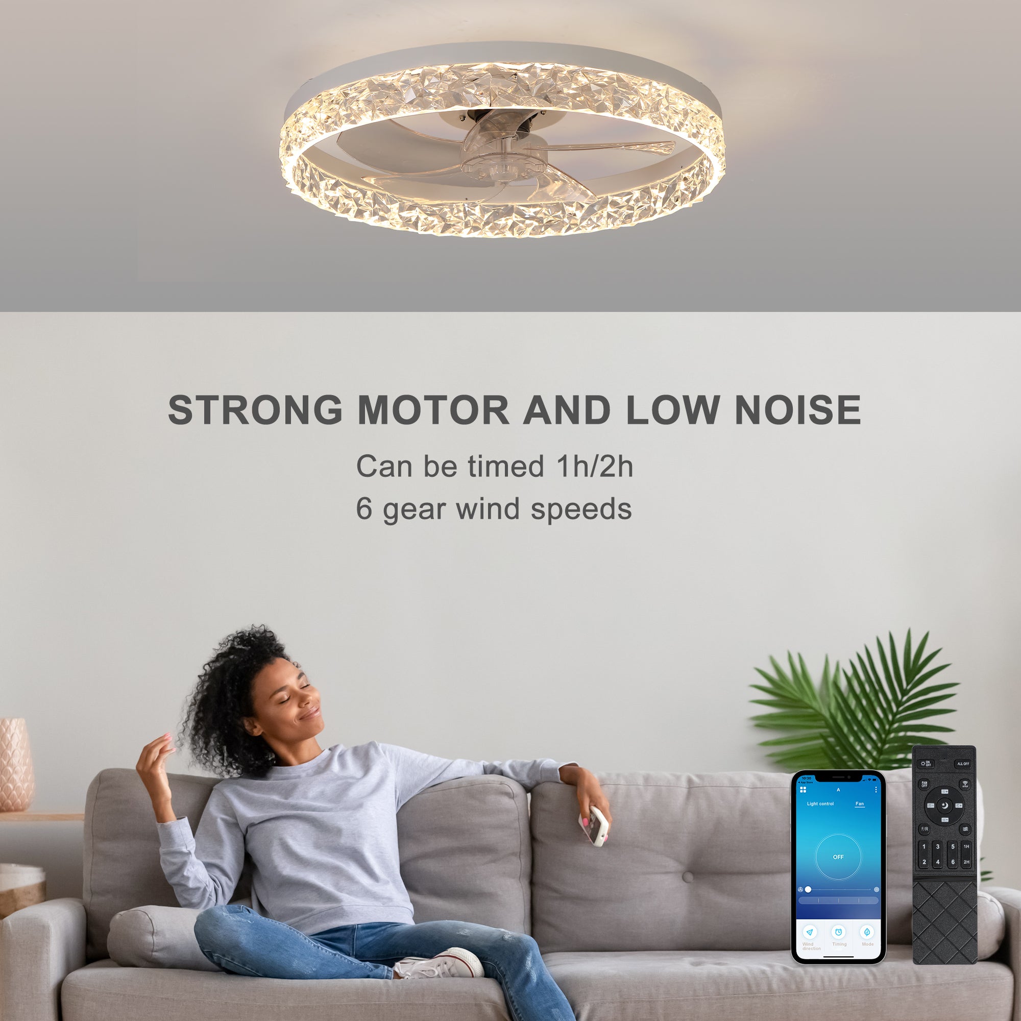Ventilateur de plafond moderne en acrylique avec télécommande, suspension LED à intensité variable, réglable à 6 vitesses, moteur silencieux