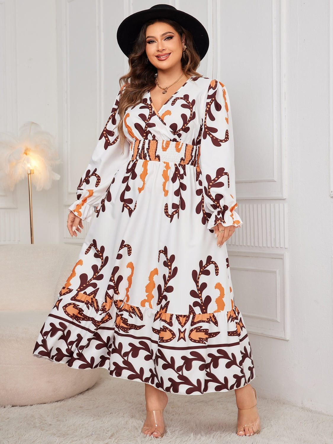 Robe grande taille imprimée à volants et manches volantées