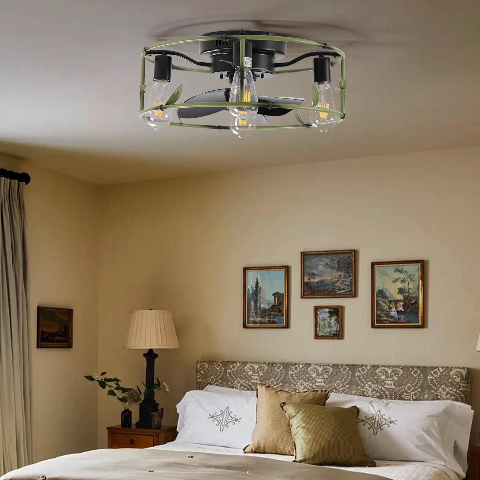 Ventilateurs de plafond encastrés avec lumières et télécommande Ventilateur de plafond à profil bas en cage vert Ventilateur de plafond en métal moderne pour