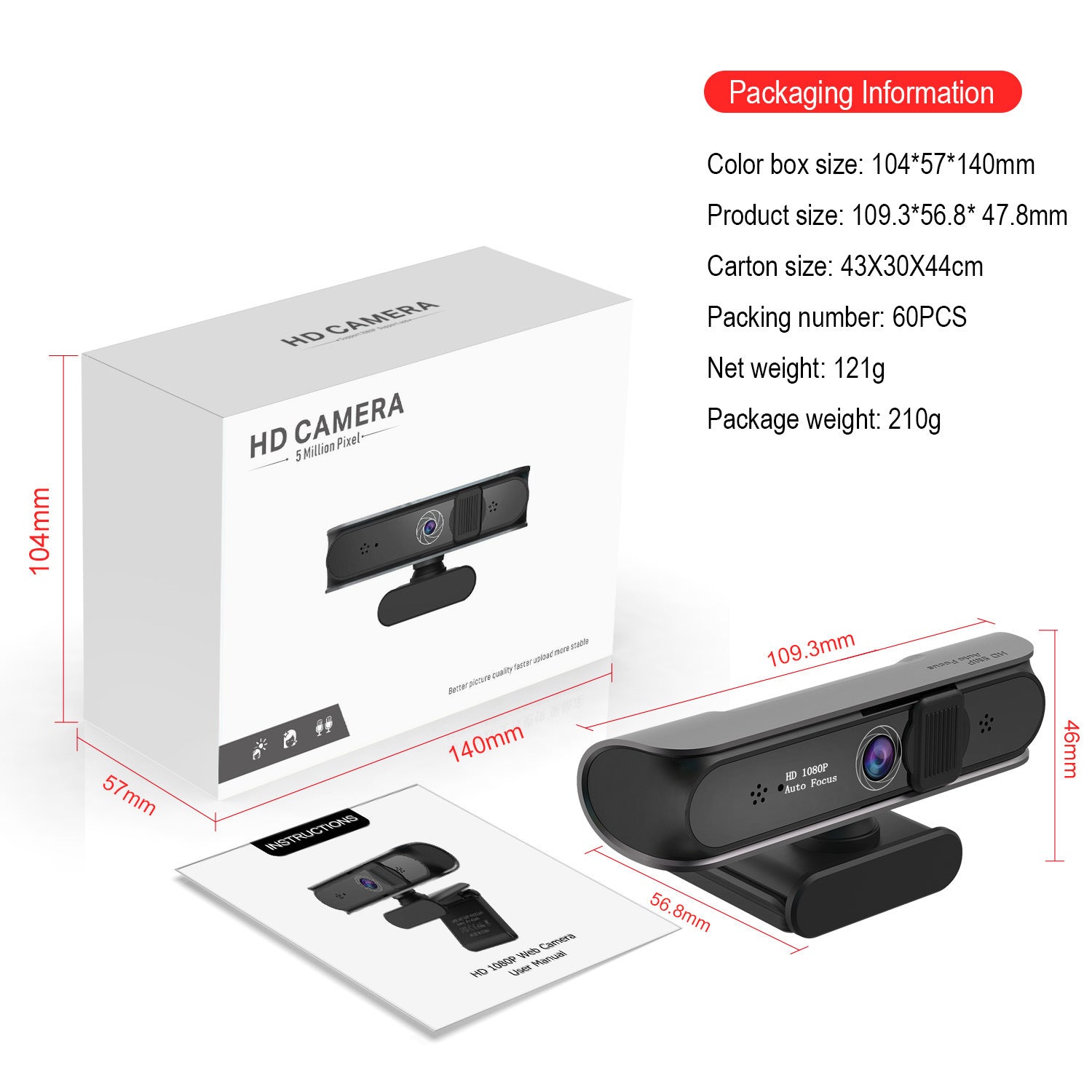 Caméra d'ordinateur avec autofocus 5 millions AF et prise en charge de la vidéoconférence 1080P et des cours en ligne