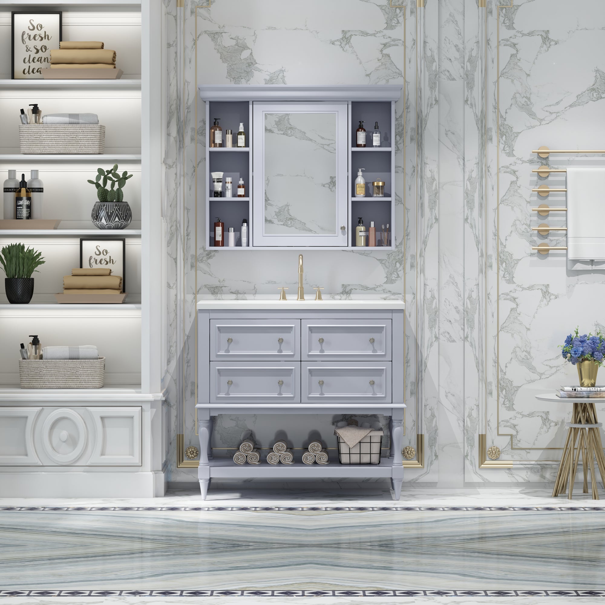 Meuble-lavabo de salle de bain 36'' avec armoire à pharmacie, armoire à miroir moderne avec étagère réglable, meuble de rangement de salle de bain avec 4 tiroirs