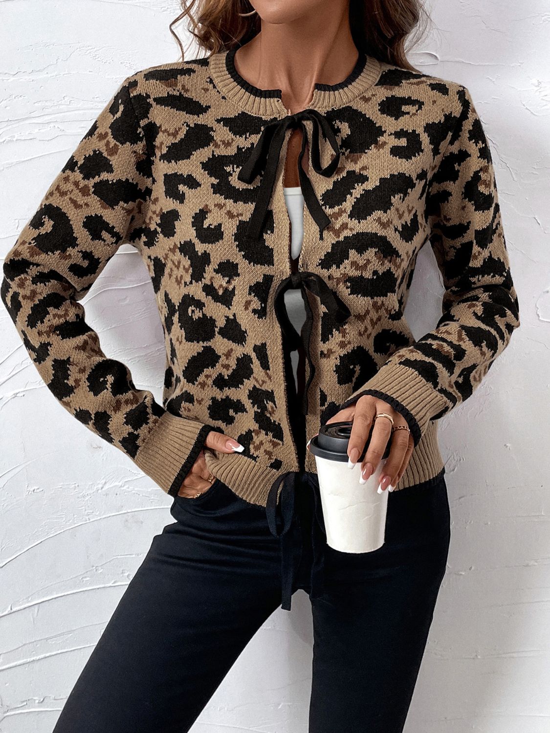 Cardigan à manches longues noué léopard Perfee
