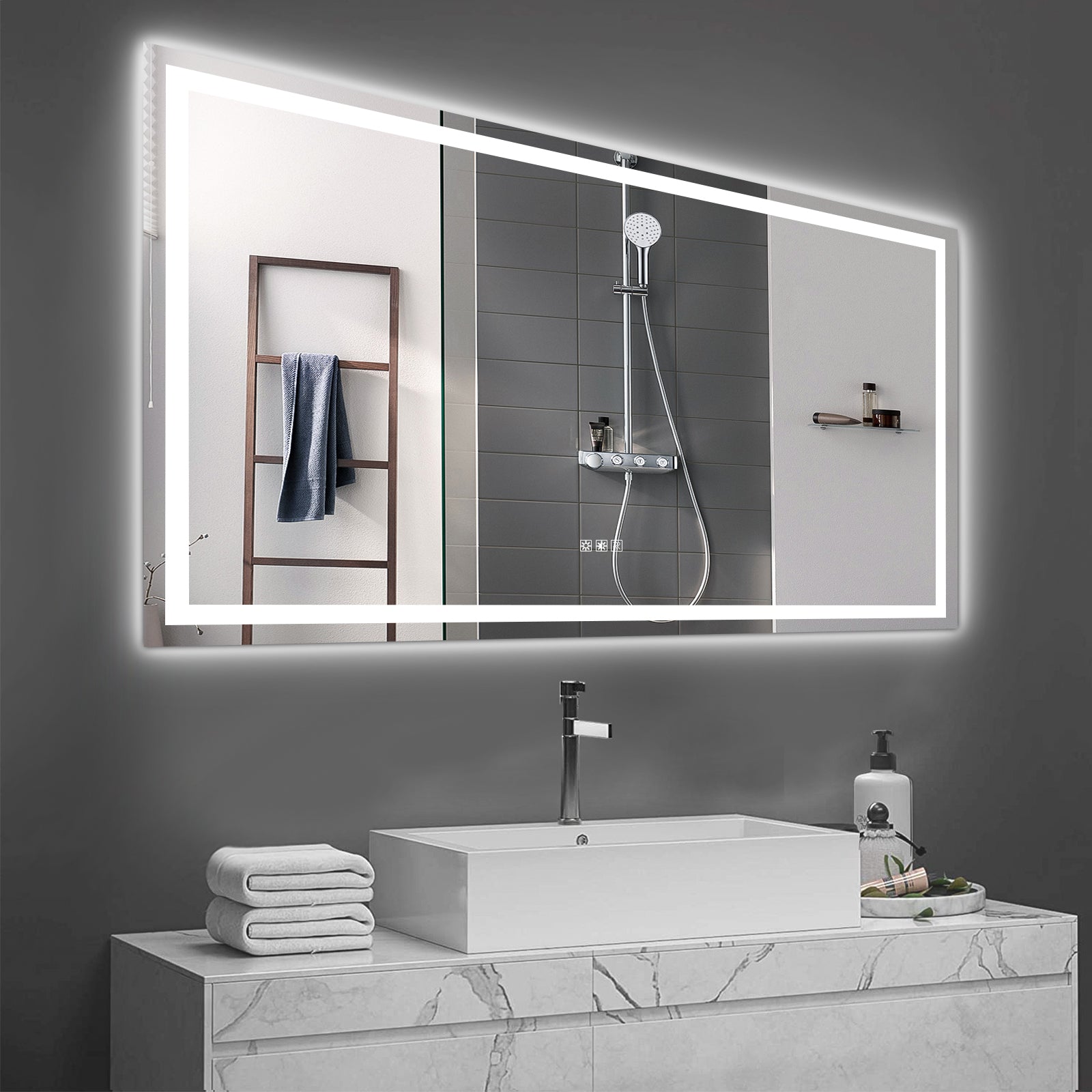 Miroir de salle de bain à LED 72 x 36 pouces avec éclairage, antibuée et variateur d'intensité. Miroir de salle de bain à LED