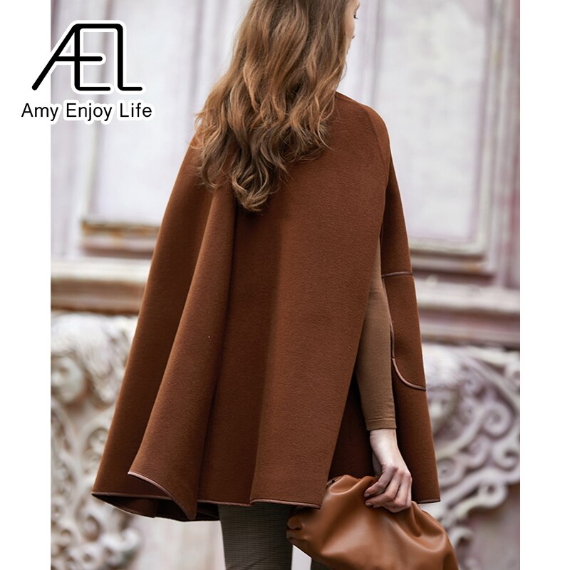 Manteau d'hiver en laine AEL pour femme, poncho chaud, cape, manteau long, vêtement d'extérieur, châle décontracté