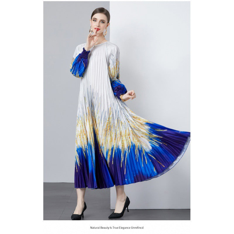 New European and American style round neck fashionable three bedroom pleated slim fit mid length dress