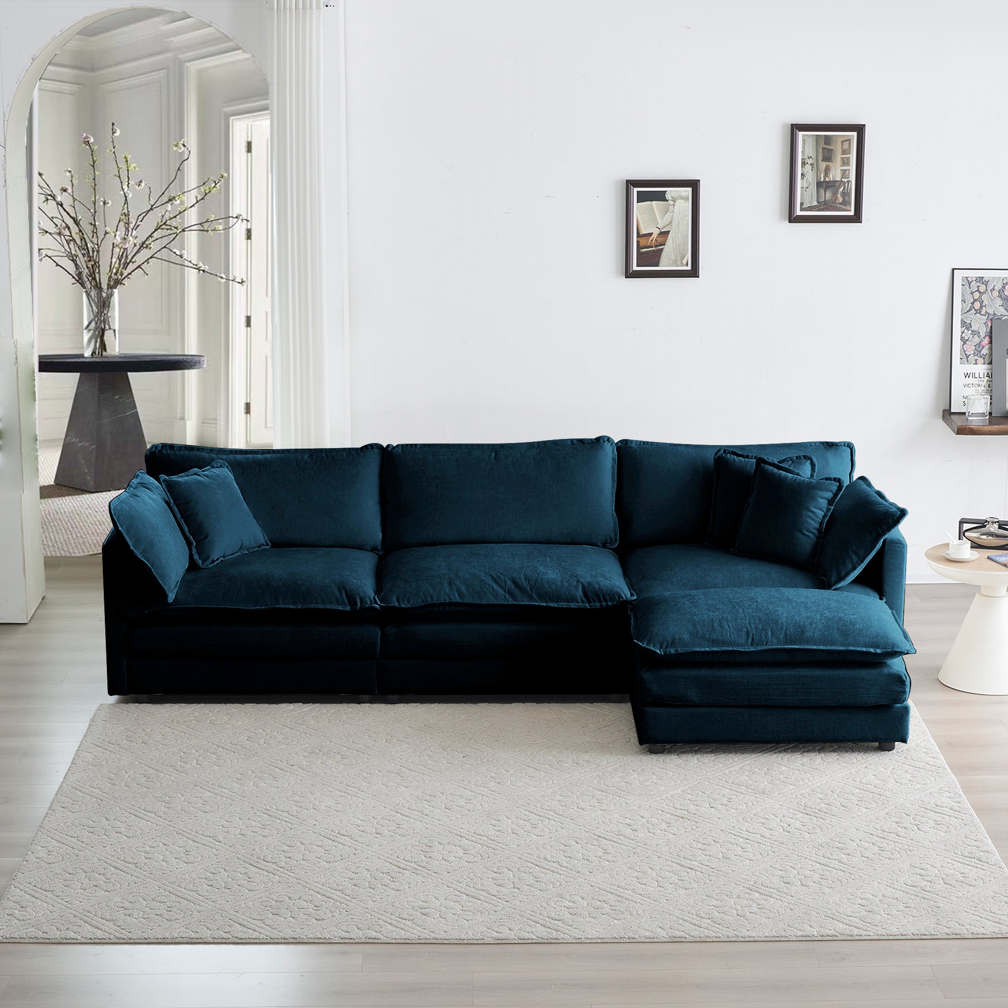 Canapé modulable en L, rembourré et confortable, avec pouf réversible, tissu chenille bleu