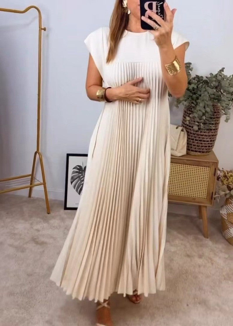 Nouvelle robe plissée sans manches à col rond pour femme, mode automne et hiver