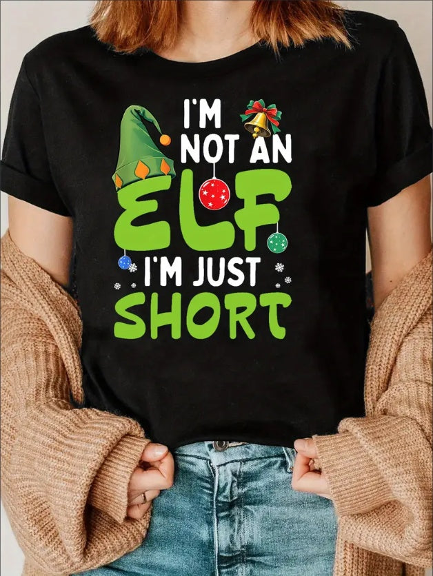 Festive 'I'm Not An Elf' Christmas Tee - Women's Casual Crew Neck T-Shirt, Soft Machine Washable, Best For Christmas