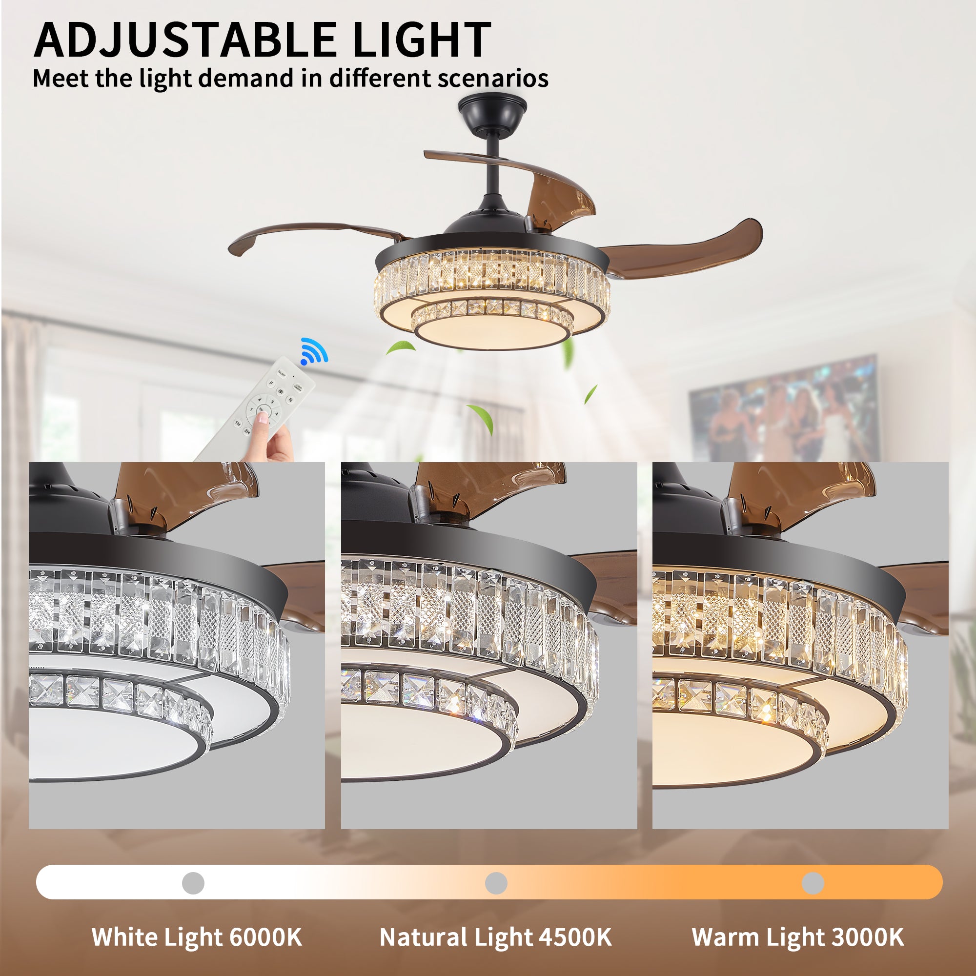 Ventilateur de plafond rétractable LED moderne avec éclairage et télécommande, moteur réversible silencieux, ventilateur de plafond moderne à 4 pales