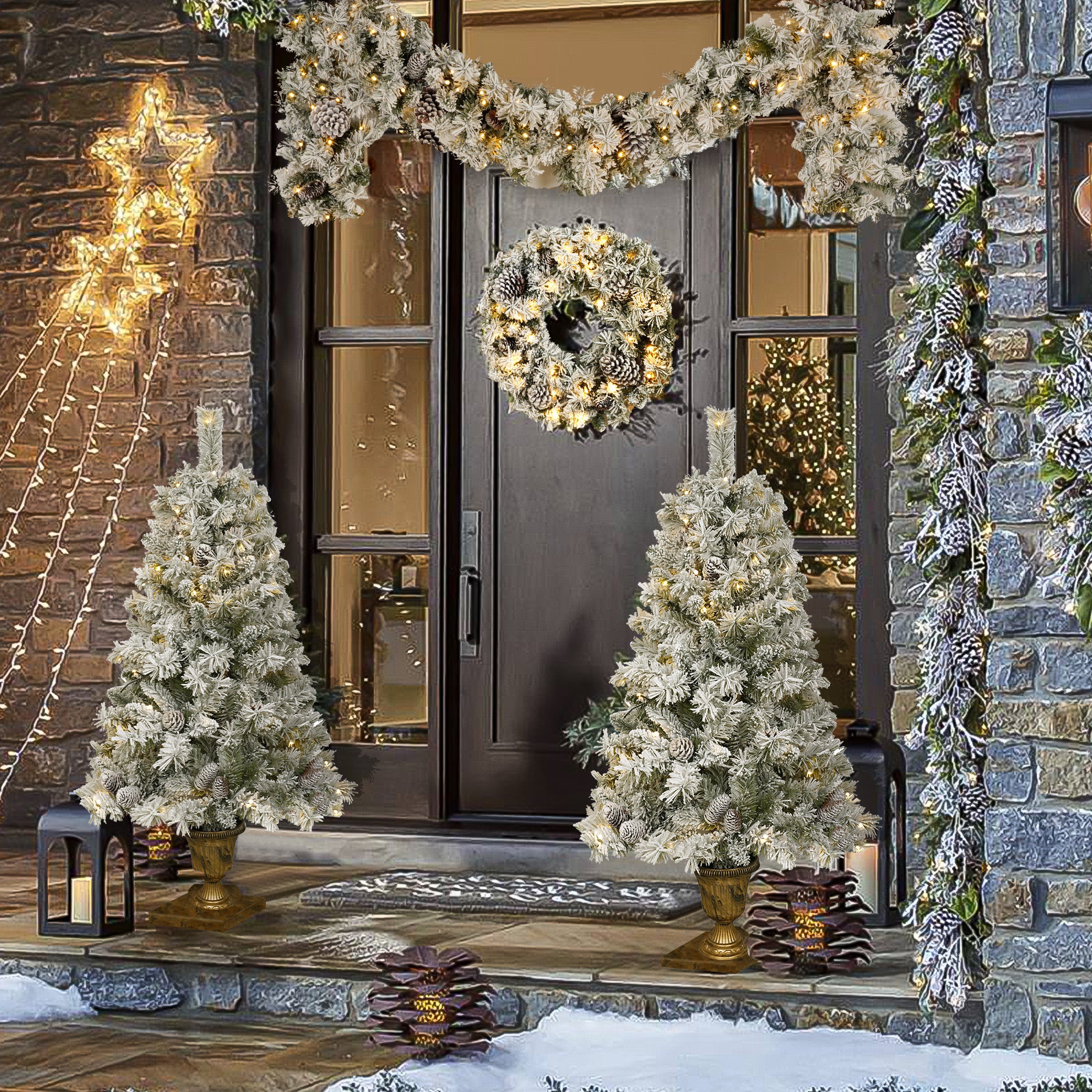 Un ensemble de 4 sapins de Noël artificiels, comprenant des guirlandes de fleurs, des guirlandes de fleurs et 2 arbres d'entrée, avec lumières LED