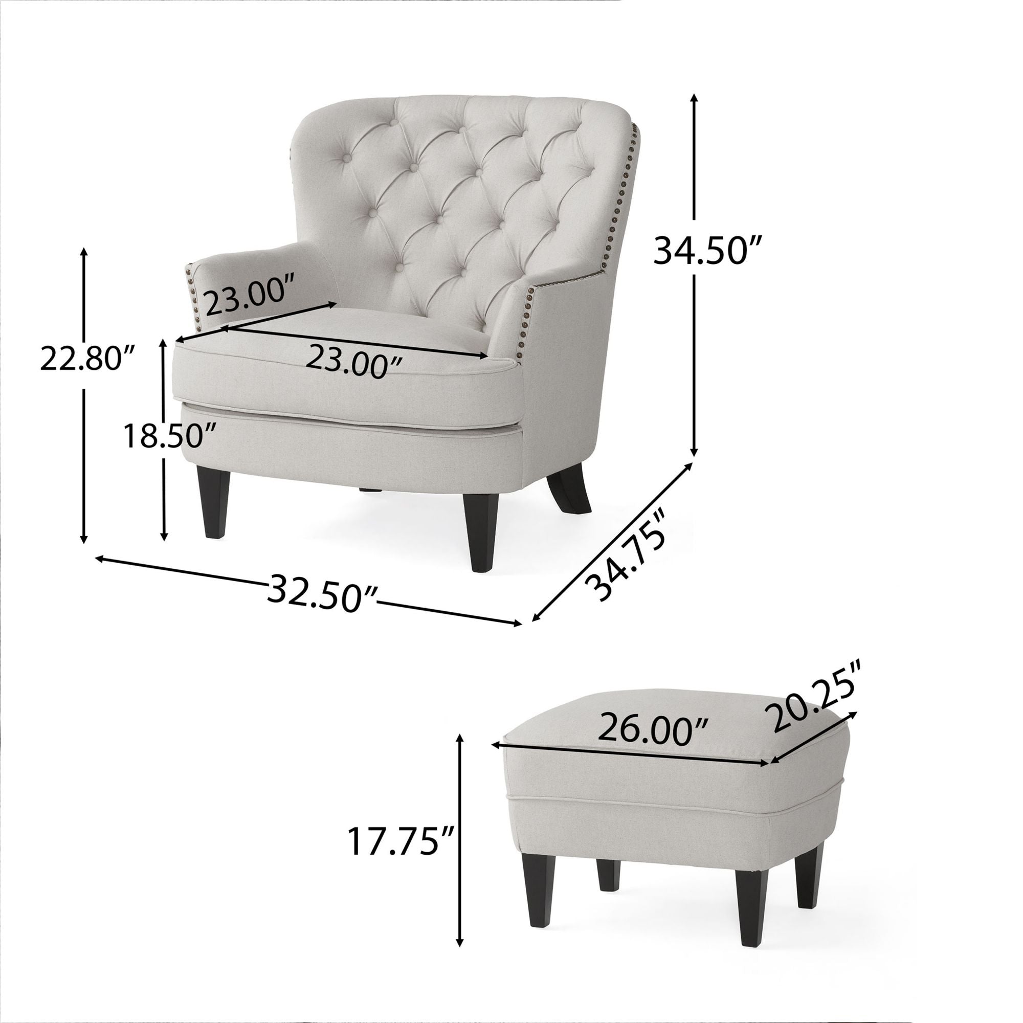 Ensemble de fauteuil club et ottoman en tissu gris clair moderne, fauteuil rembourré élégant, associé à un style ottoman