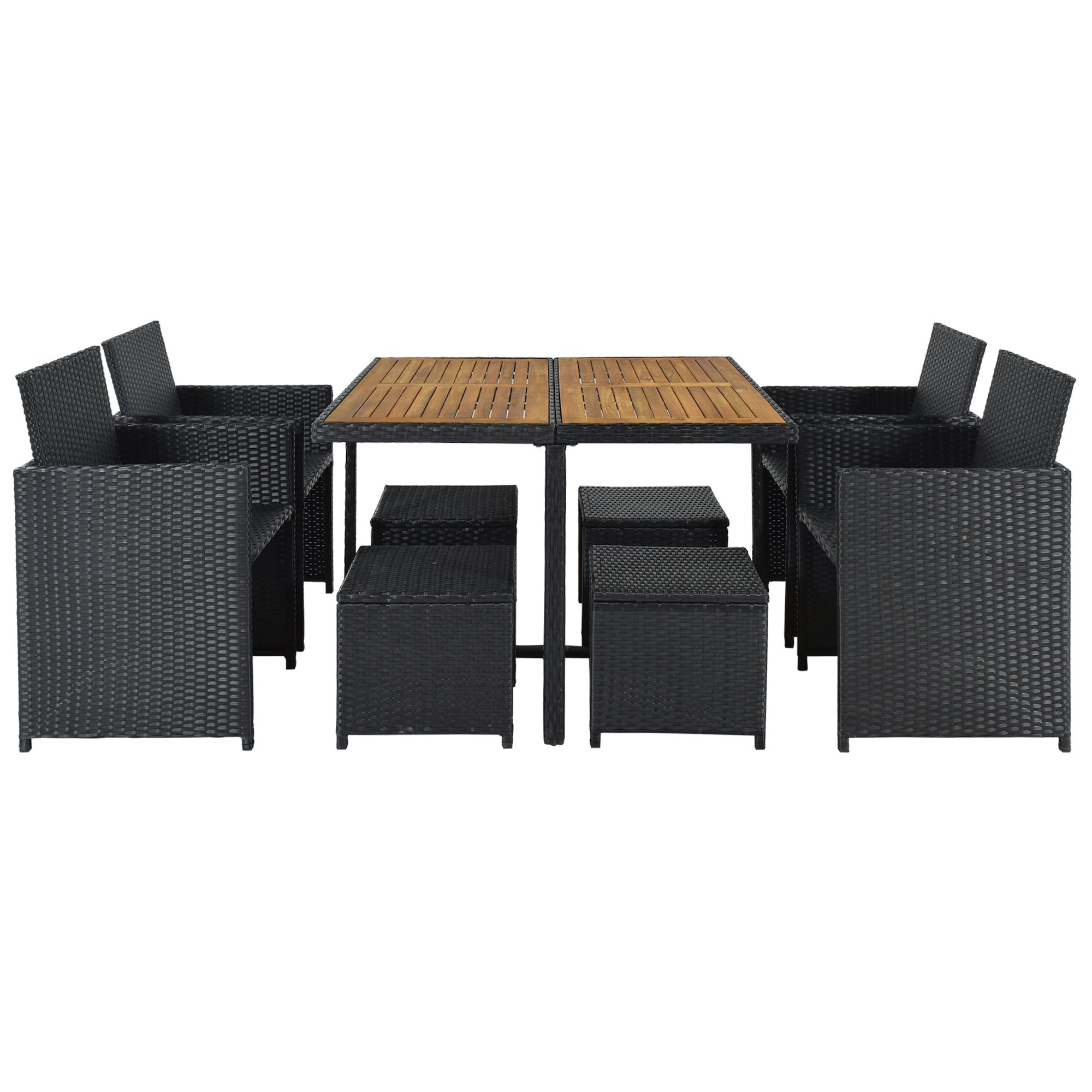 Ensemble de salle à manger TOPMAX Patio en osier PE toutes saisons avec plateau en bois pour 8 personnes, rotin noir et coussin beige (9 pièces)