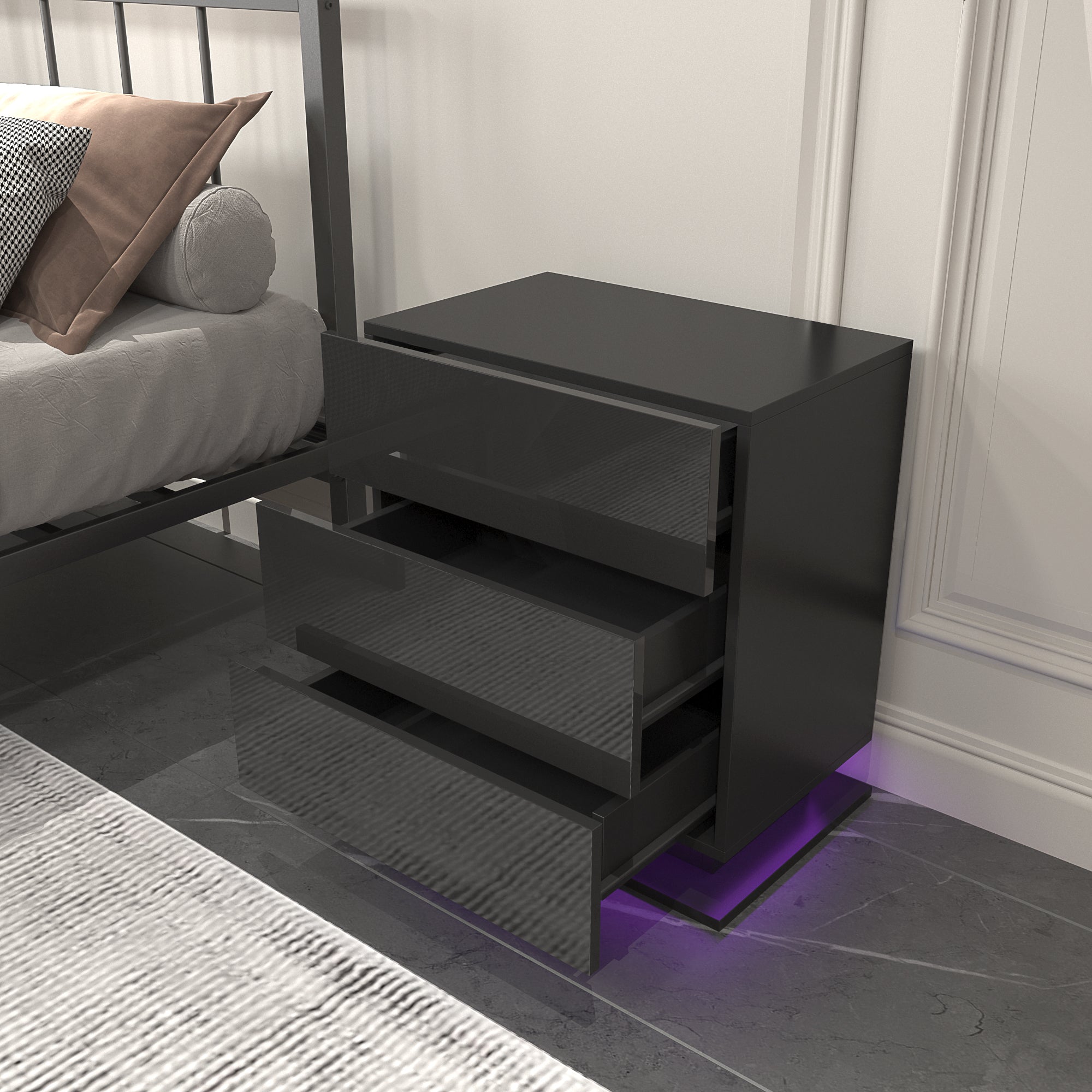 Table de chevet avec 3 tiroirs de rangement, lumières LED, table d'appoint pour chambre à coucher