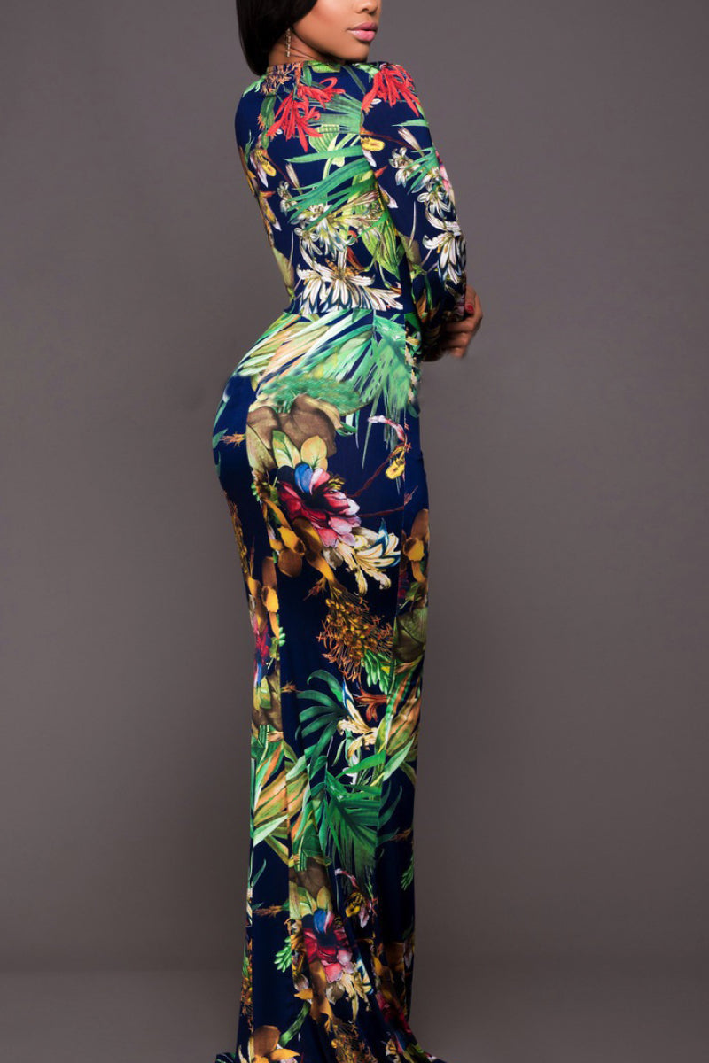 Robe longue imprimée à décolleté plongeant et jambes fendues