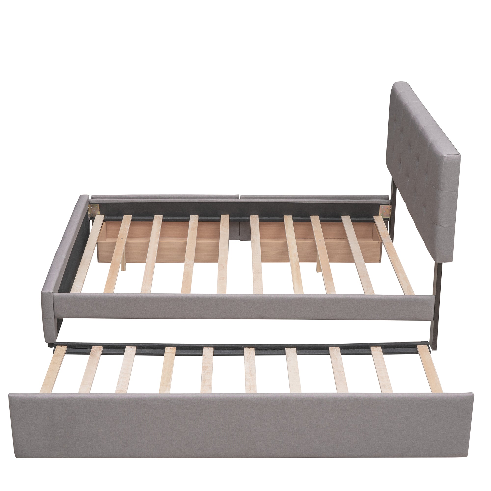 Lit plateforme rembourré avec 2 tiroirs et 1 lit gigogne simple XL en tissu lin, taille Queen - Gris clair