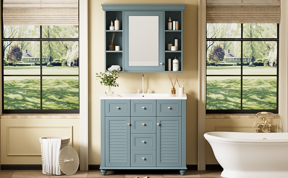 Armoire à miroir moderne de 36 pouces avec étagères réglables, 2 portes à fermeture douce et 6 organisateurs de portes d'armoire de rangement à tiroirs