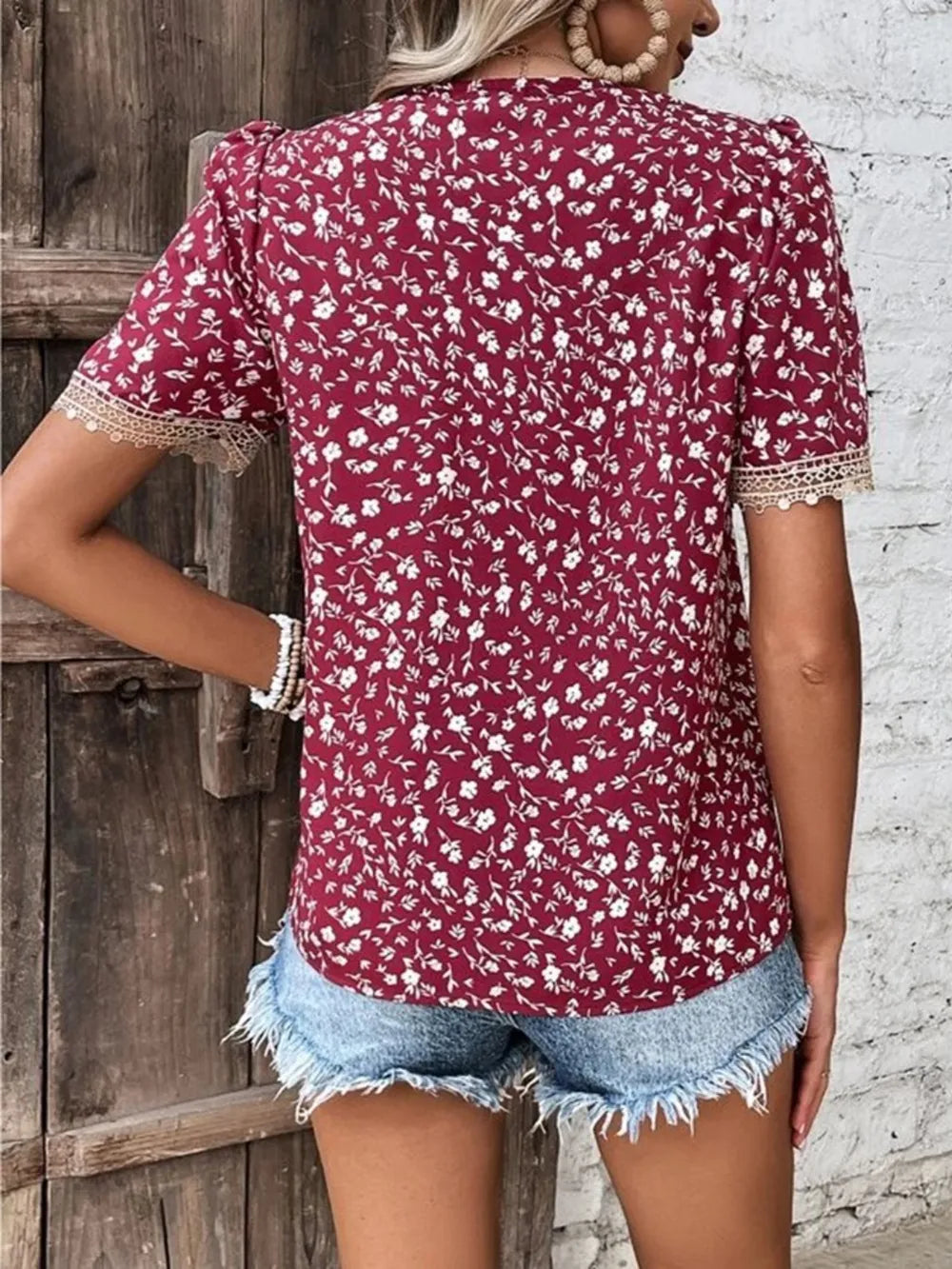 Women's V-neck lace casual solid color shirt
