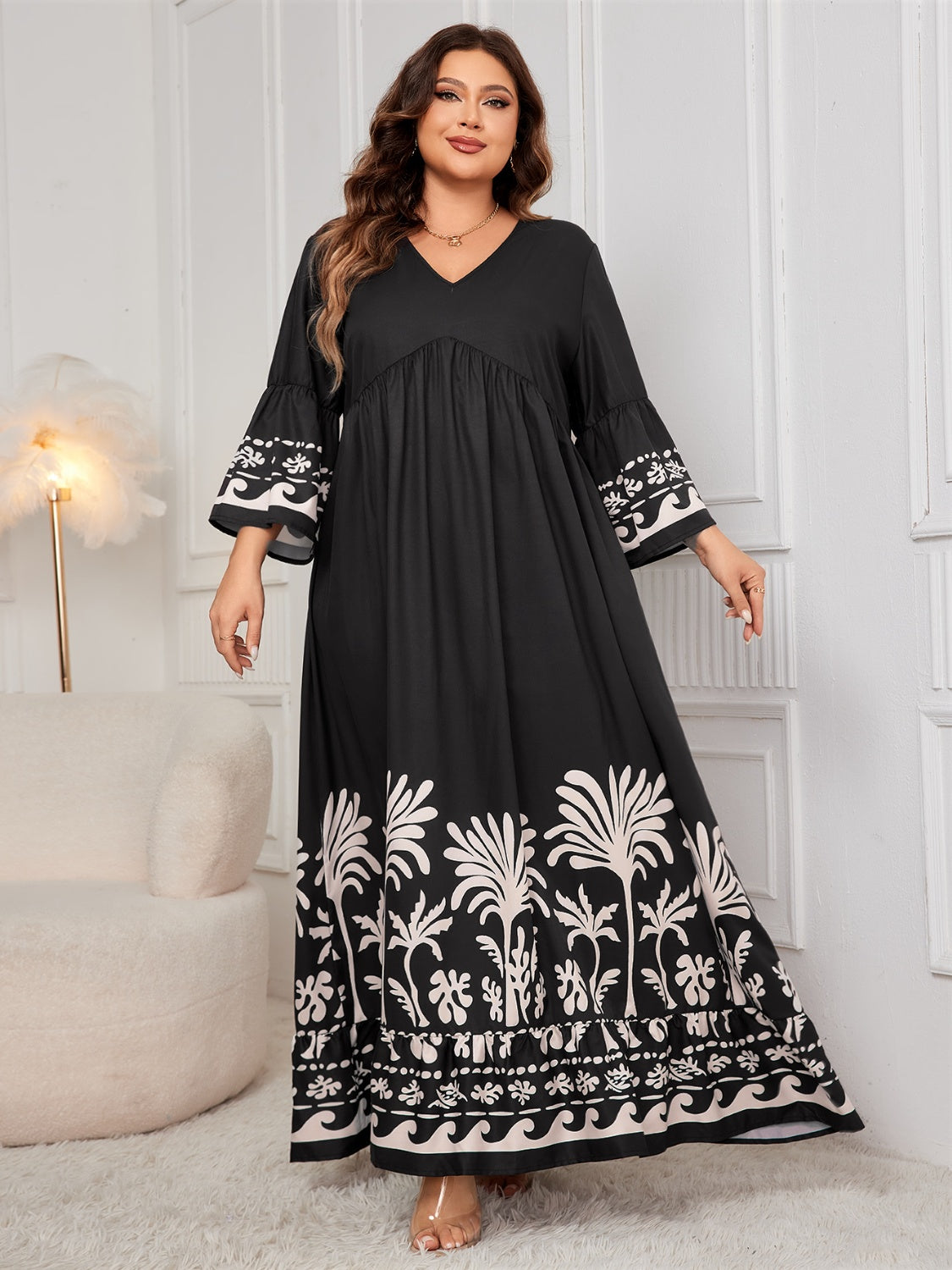 Robe longue imprimée grande taille à col en V et manches longues