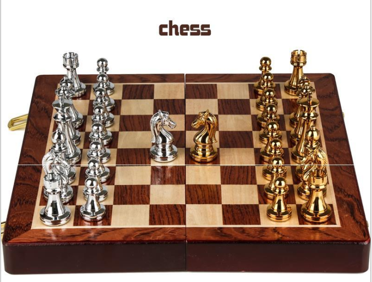 Jeu d'échecs pliant en bois de style rétro en bronze