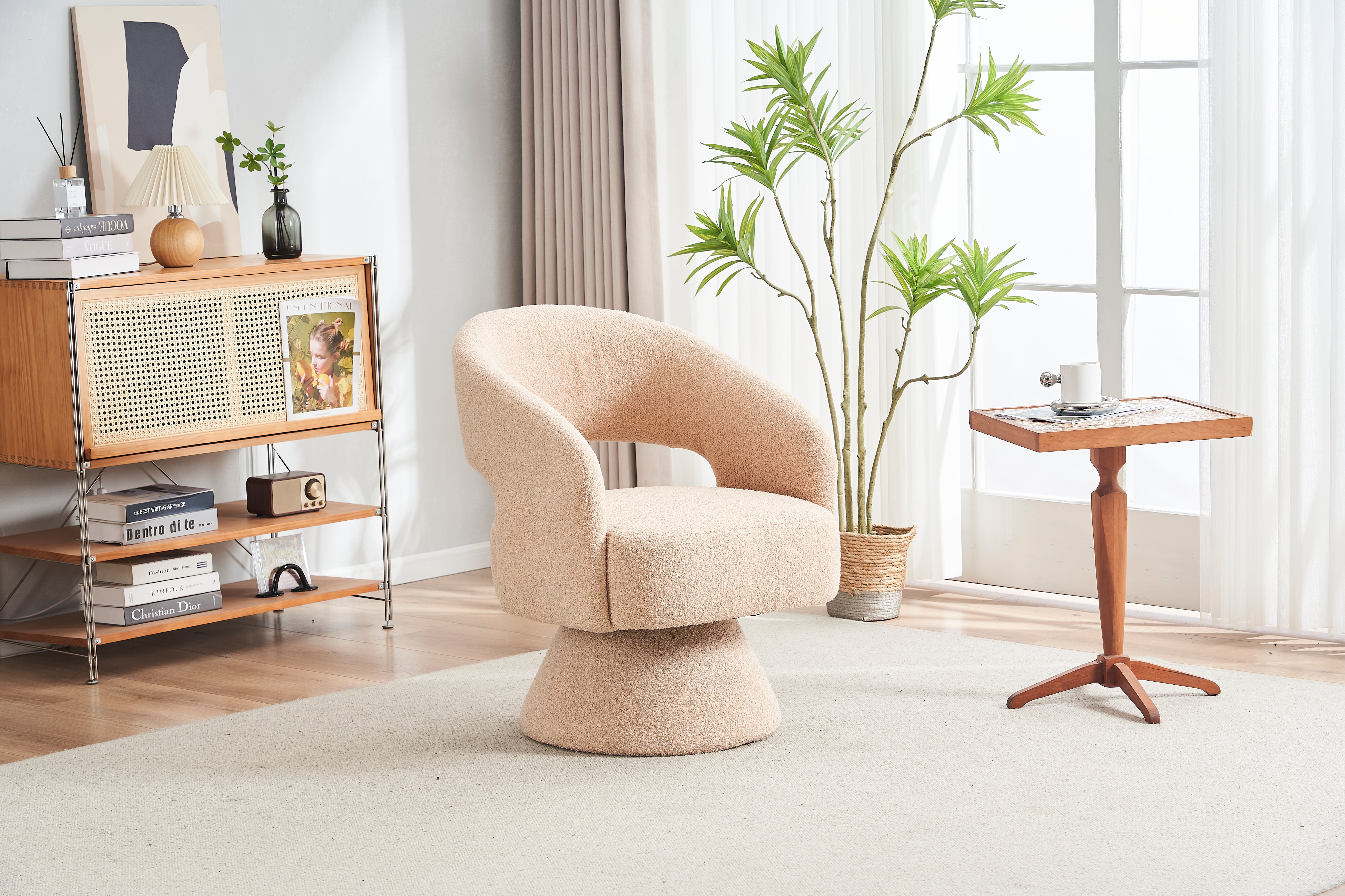 Swivel Accent Chair Armchair Round Barrel Chair in Fabric for Living Room Bedroom Nude Teddy