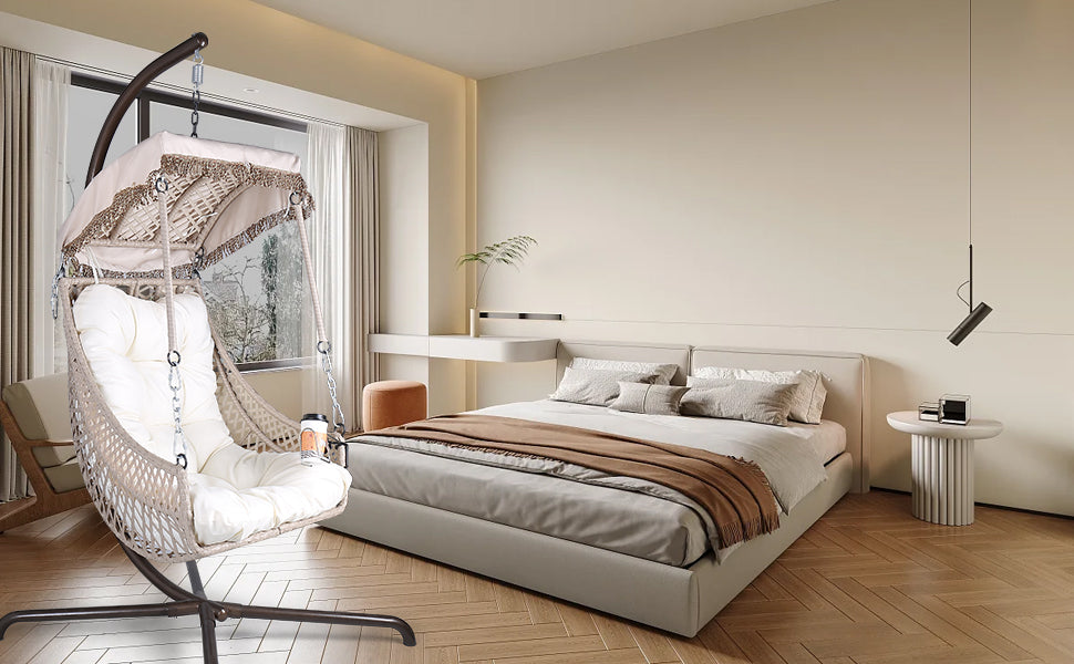 Chaise pivotante avec support, cadre en rotin et osier, capacité de 158 kg, pour patio, chambre à coucher, avec pare-soleil