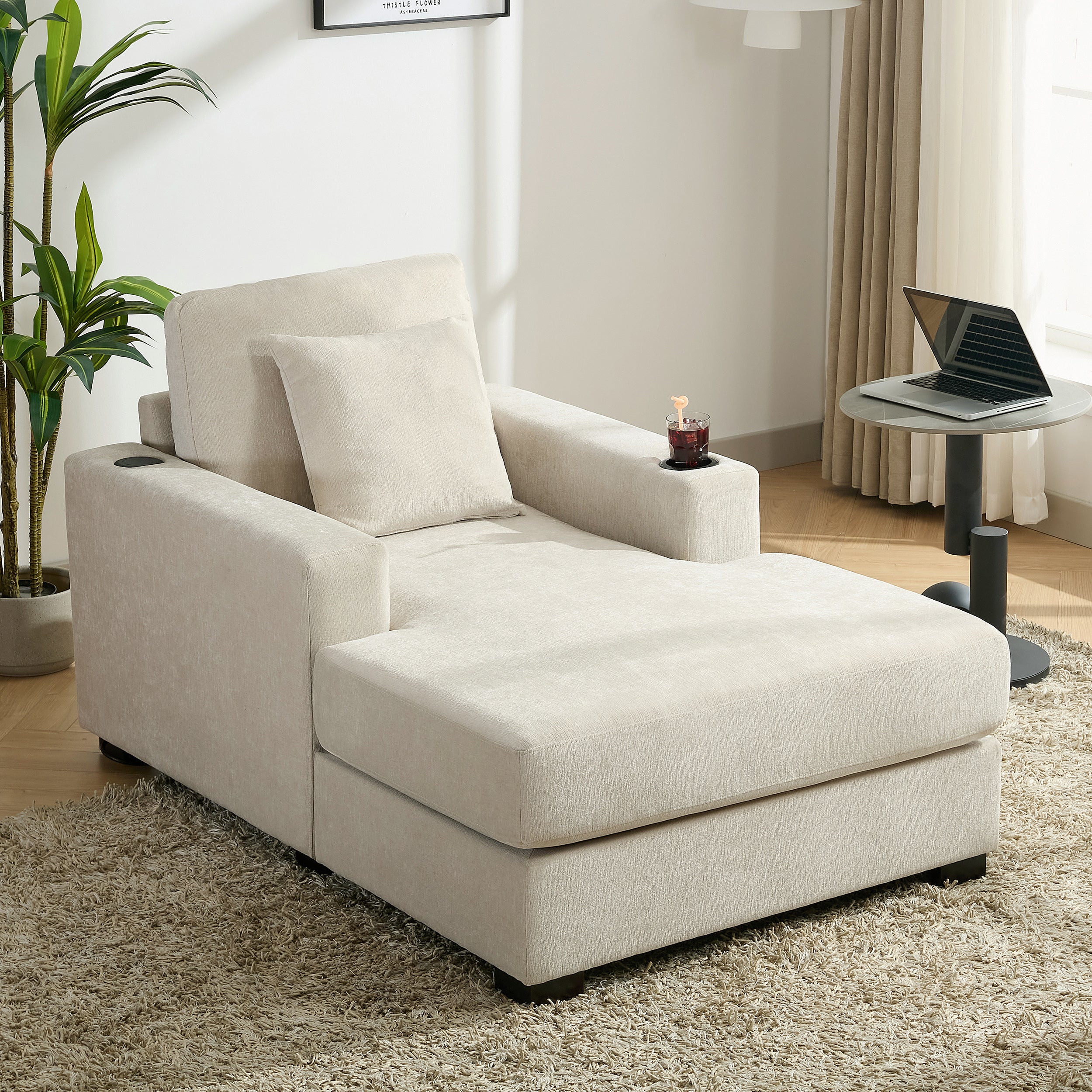Canapé-lit surdimensionné de 100 cm, style moderne, avec coussins, station de charge et porte-gobelets, tissu chenille, couleur crème