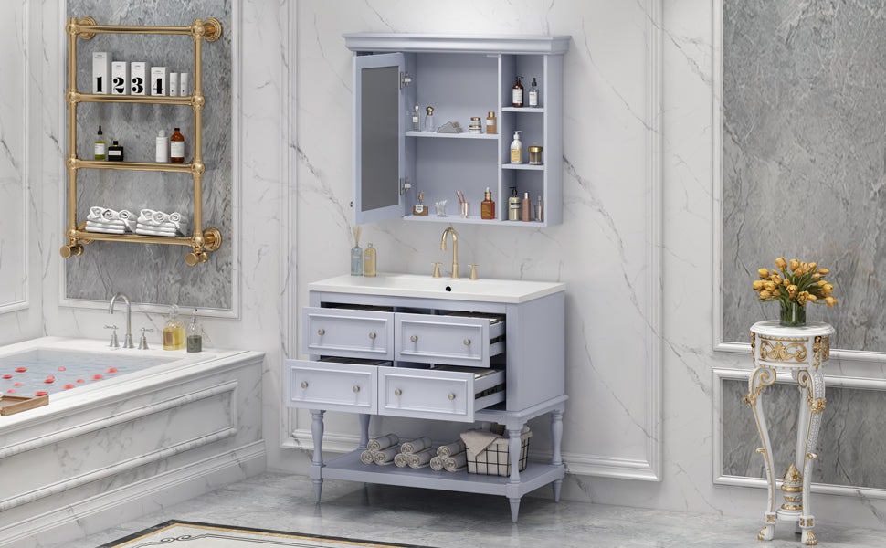 Meuble-lavabo de salle de bain 36'' avec armoire à pharmacie, armoire à miroir moderne avec étagère réglable, meuble de rangement de salle de bain avec 4 tiroirs