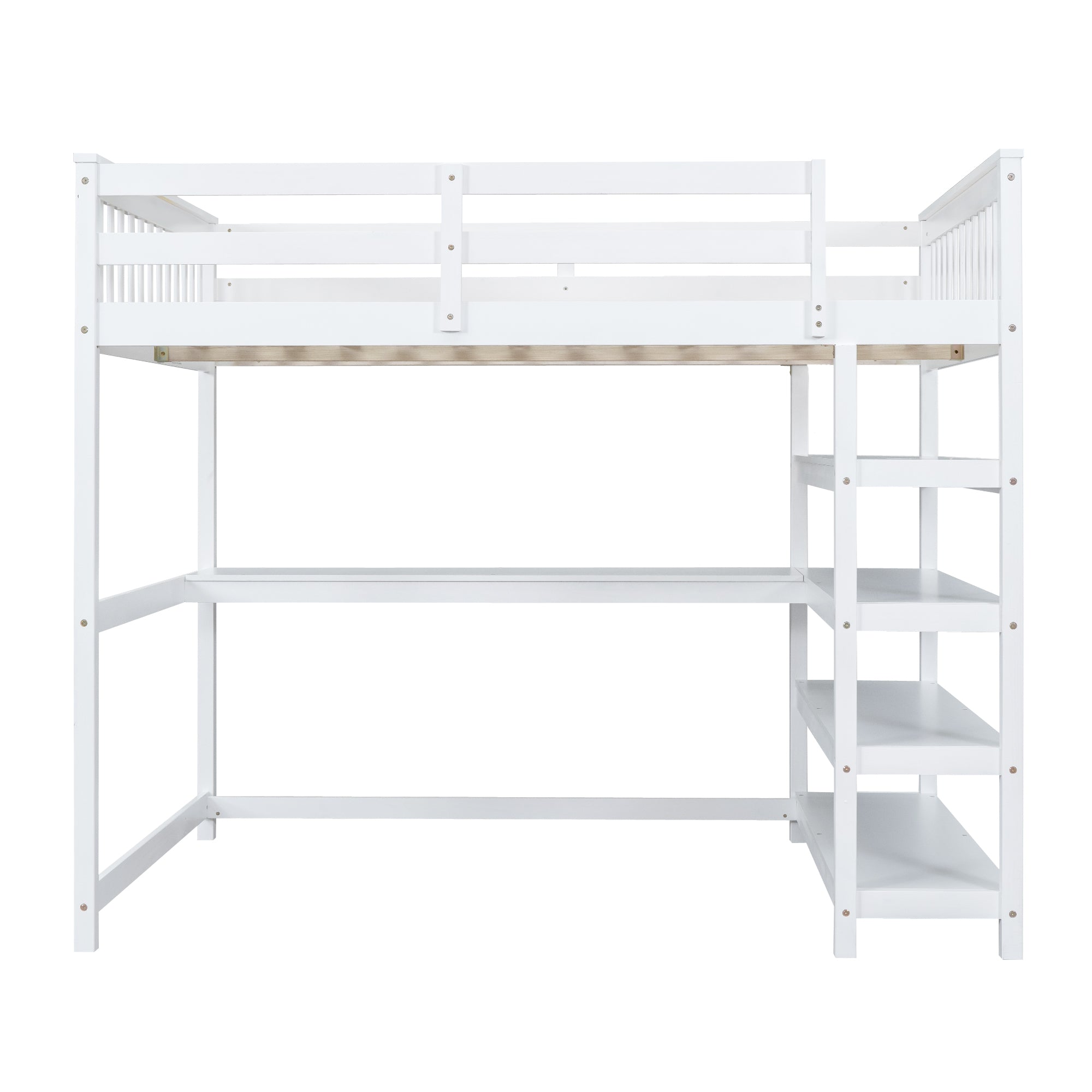 Full Size Loft Bed with Storage Shelves and Under-bed Desk White
