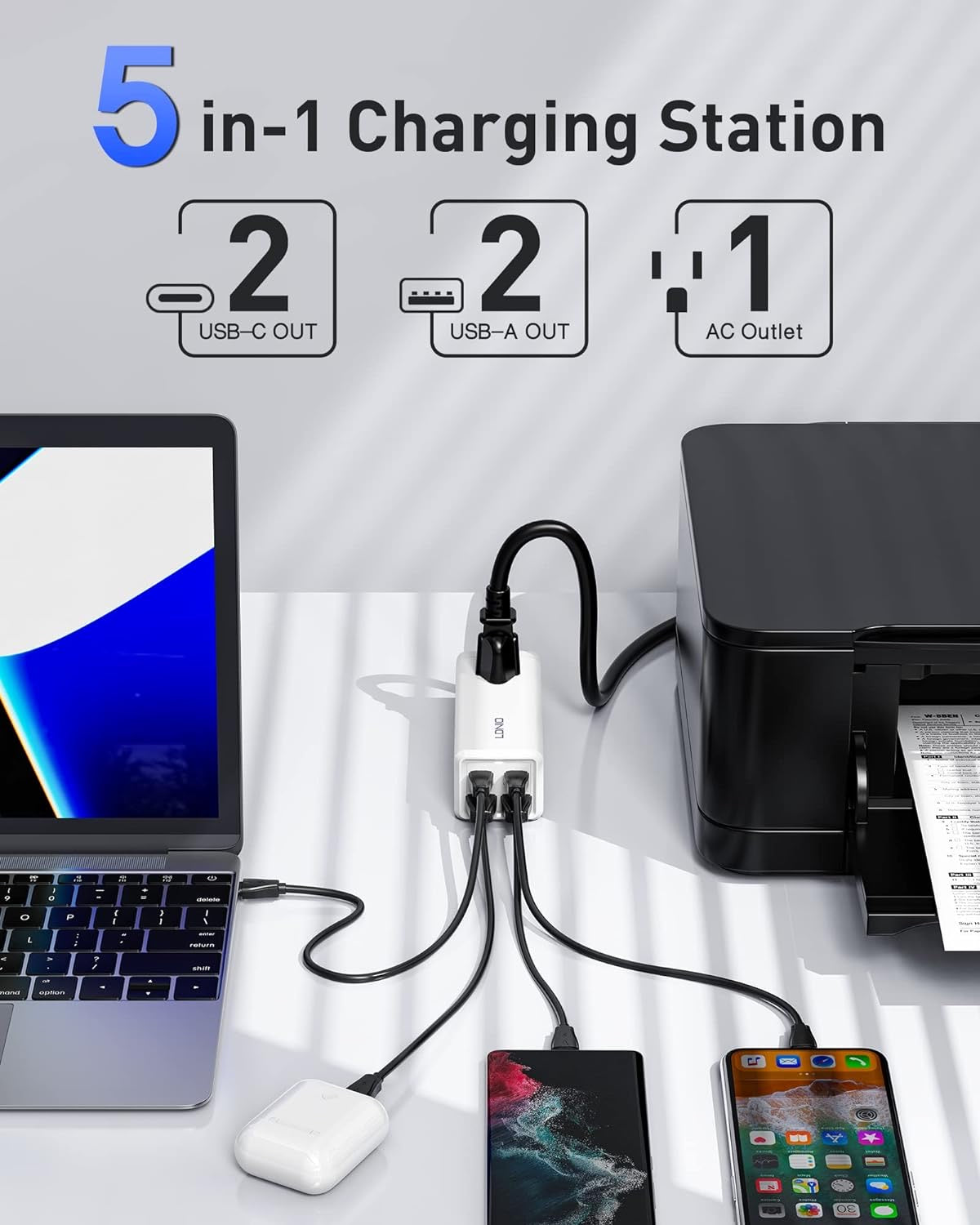 Chargeur USB C, station de charge USB GaN 5 en 1 MANTO 65 W, chargeur ultra rapide avec 2 ports USB C, 2 ports USB et 1 prise