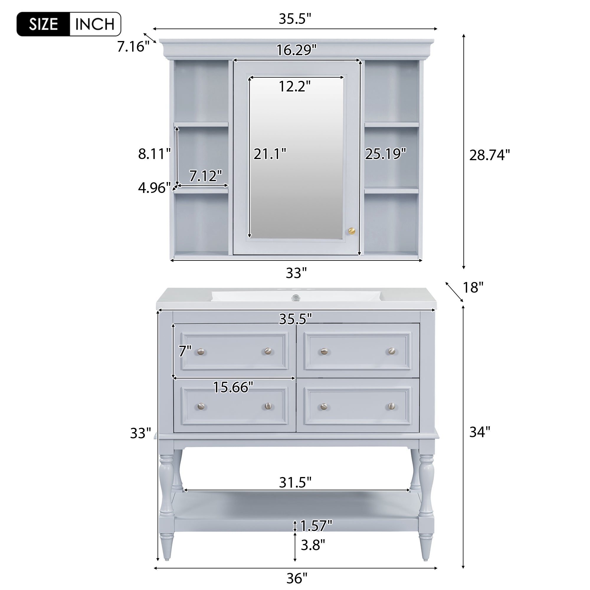 Meuble-lavabo de salle de bain 36'' avec armoire à pharmacie, armoire à miroir moderne avec étagère réglable, meuble de rangement de salle de bain avec 4 tiroirs