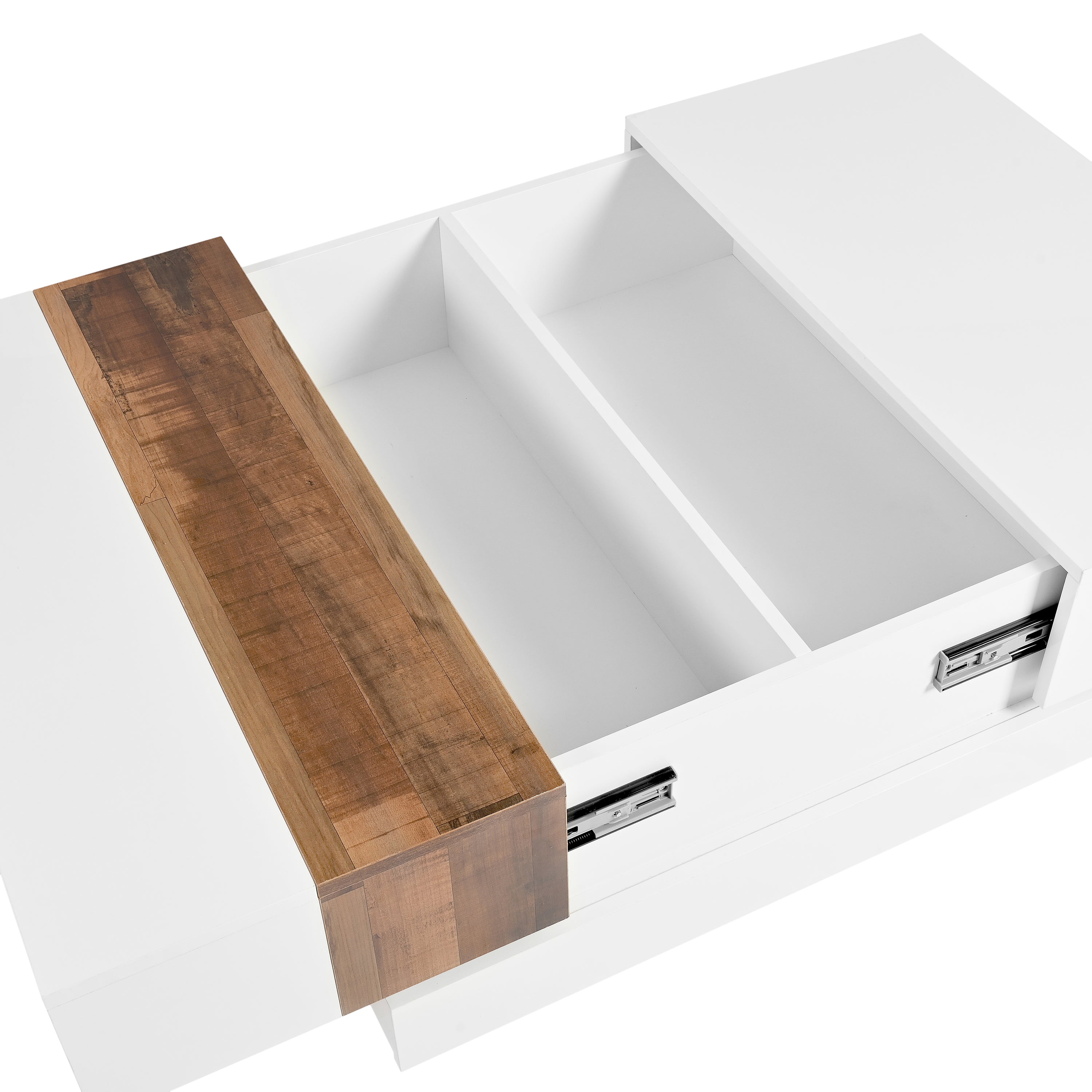 ON-TRANS 31,4 pouces x 31,4 pouces avec plateau coulissant, table centrale haute brillance, espace de rangement caché blanc