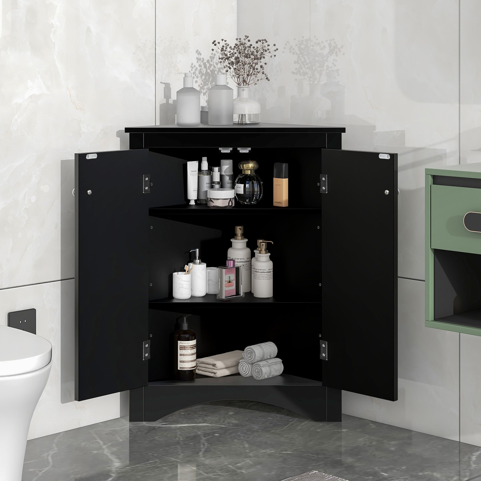 Meuble de rangement triangulaire noir pour salle de bain avec étagères réglables, meuble de sol autoportant pour cuisine
