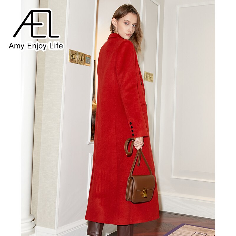 Manteau long en laine rouge à double boutonnage, style vintage, ample