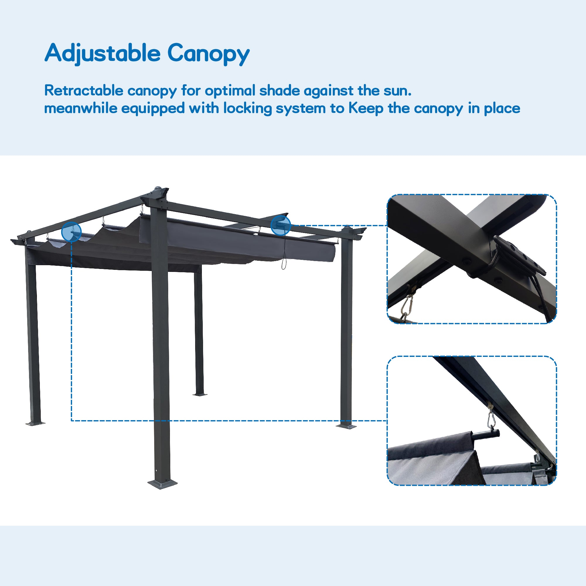 Pergola rétractable d'extérieur de 10 x 10 pieds avec auvent et abri solaire pour jardins, terrasses et arrière-cour, grise