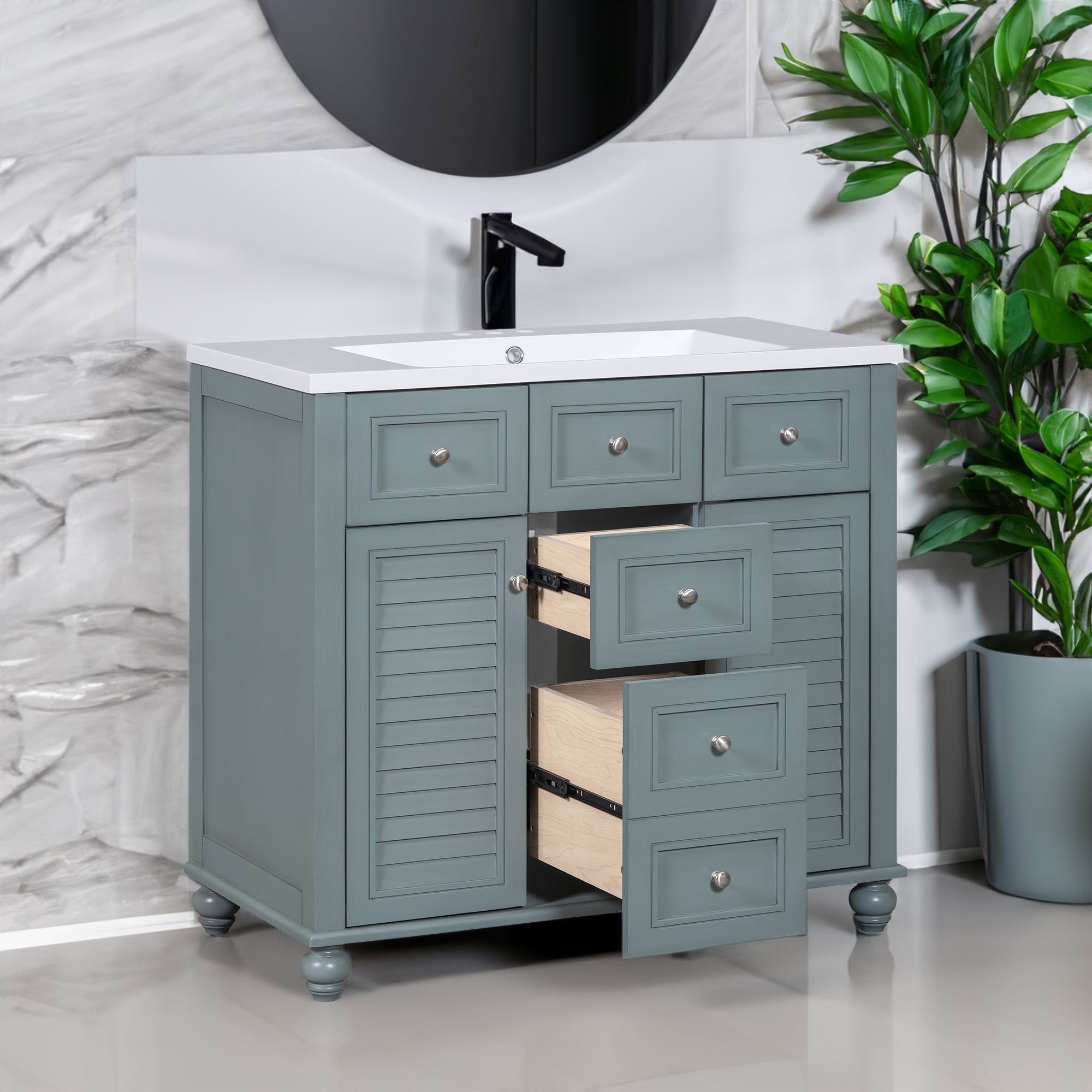 Armoire à miroir moderne de 36 pouces avec étagères réglables, 2 portes à fermeture douce et 6 organisateurs de portes d'armoire de rangement à tiroirs