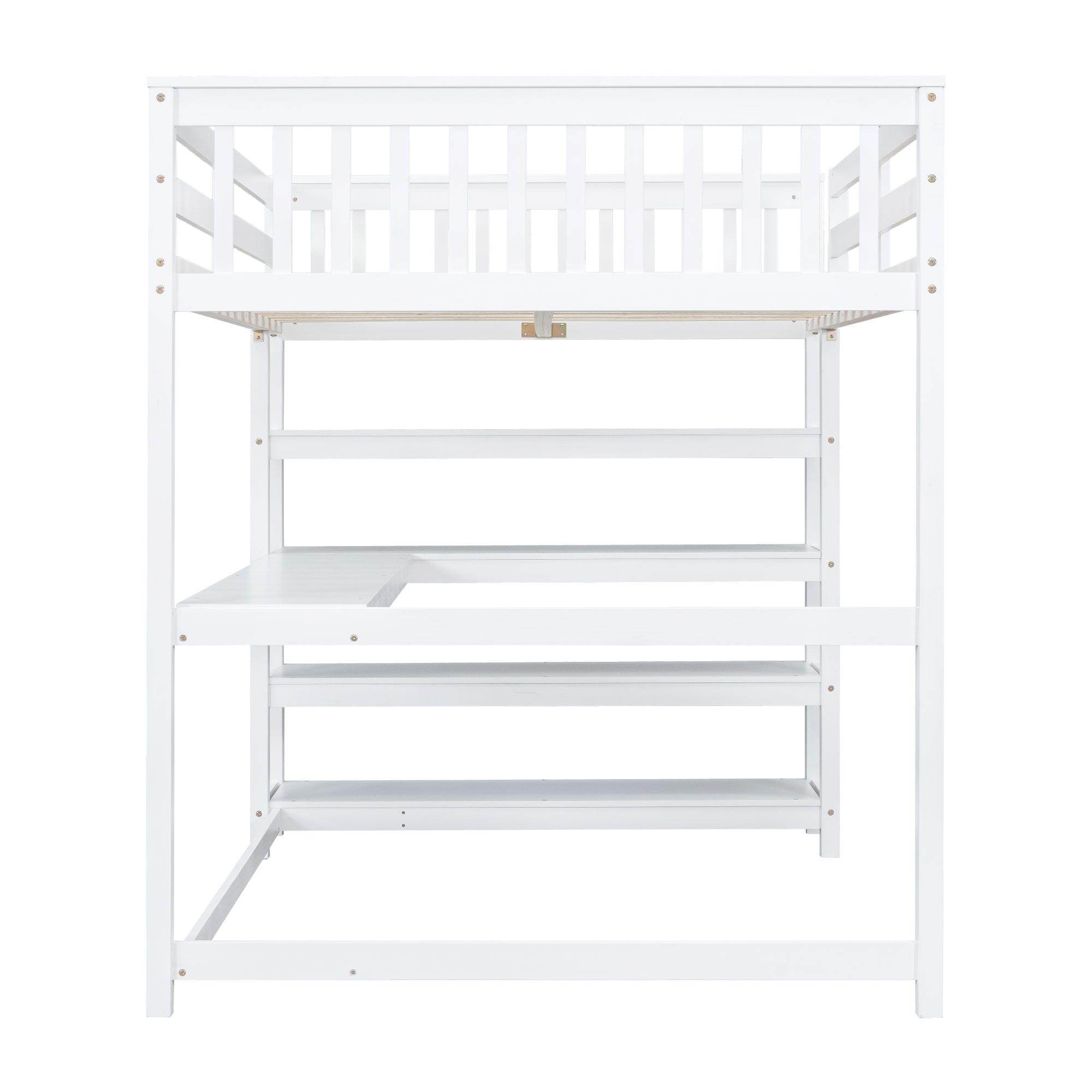 Full Size Loft Bed with Storage Shelves and Under-bed Desk White